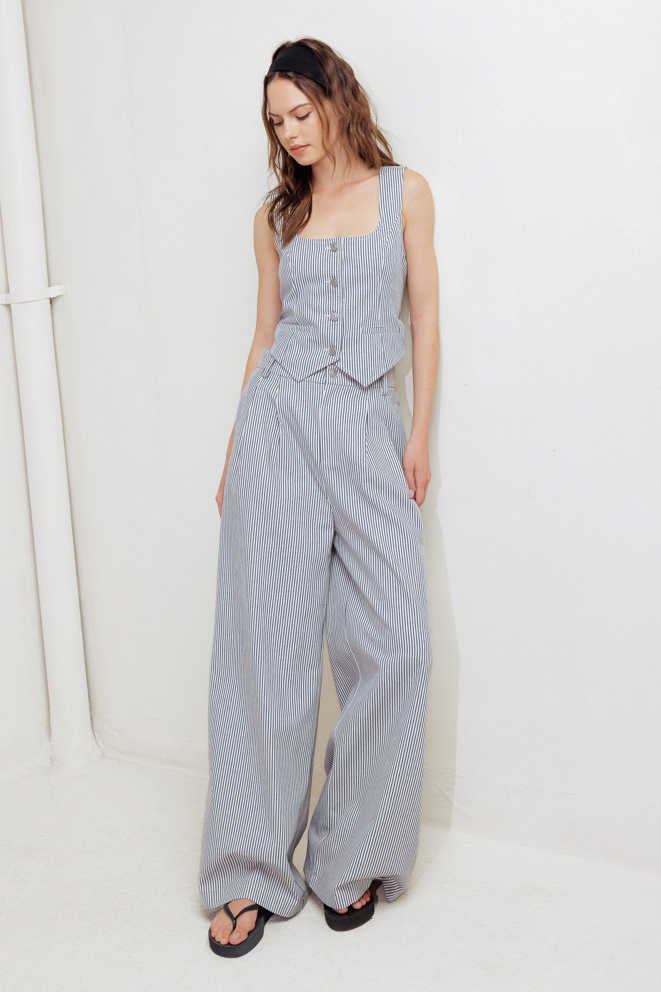Coastal Chic Woven Pants in white navy, view 2 — Soul Flow Apparel