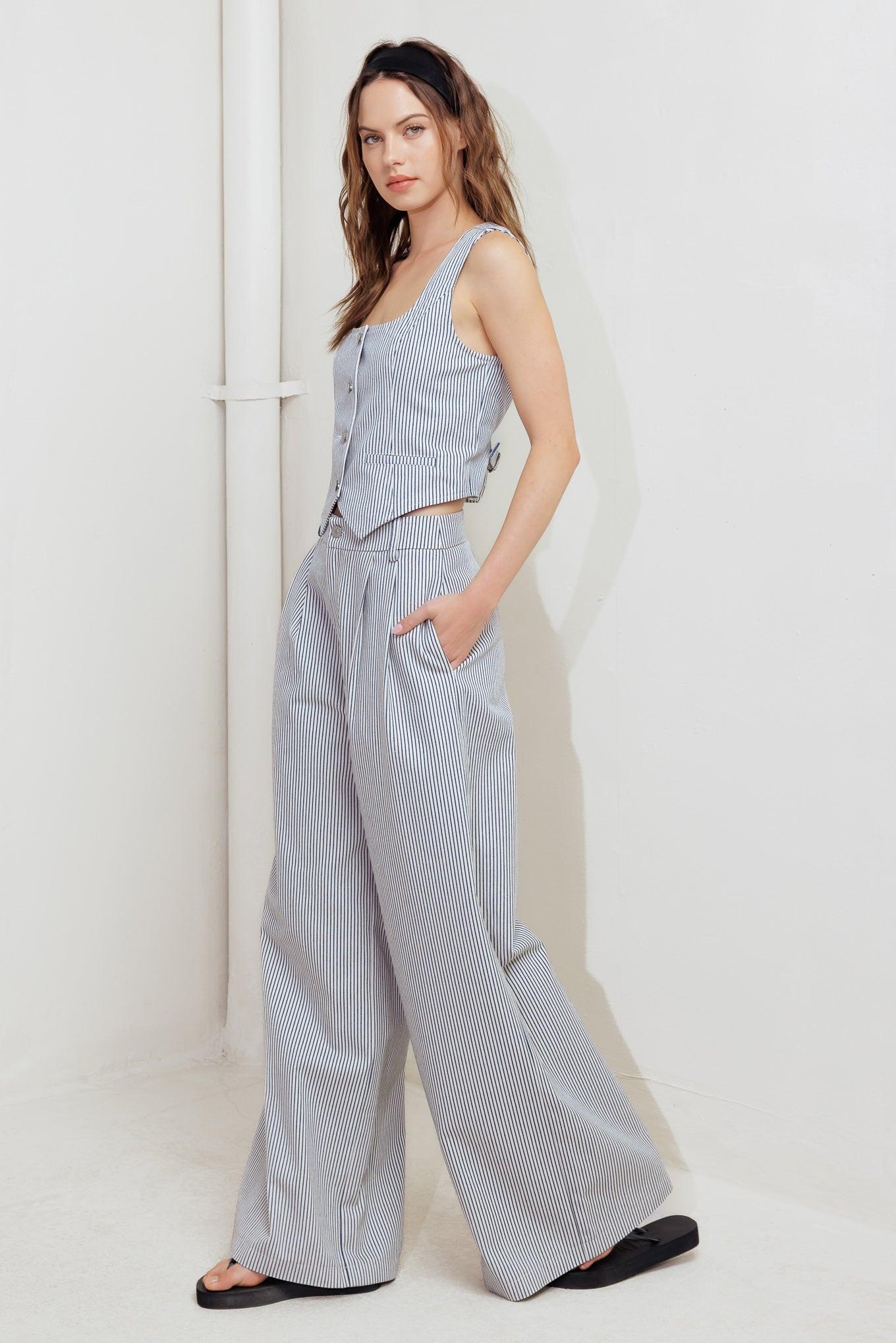 Coastal Chic Woven Pants in white navy, view 3 — Soul Flow Apparel