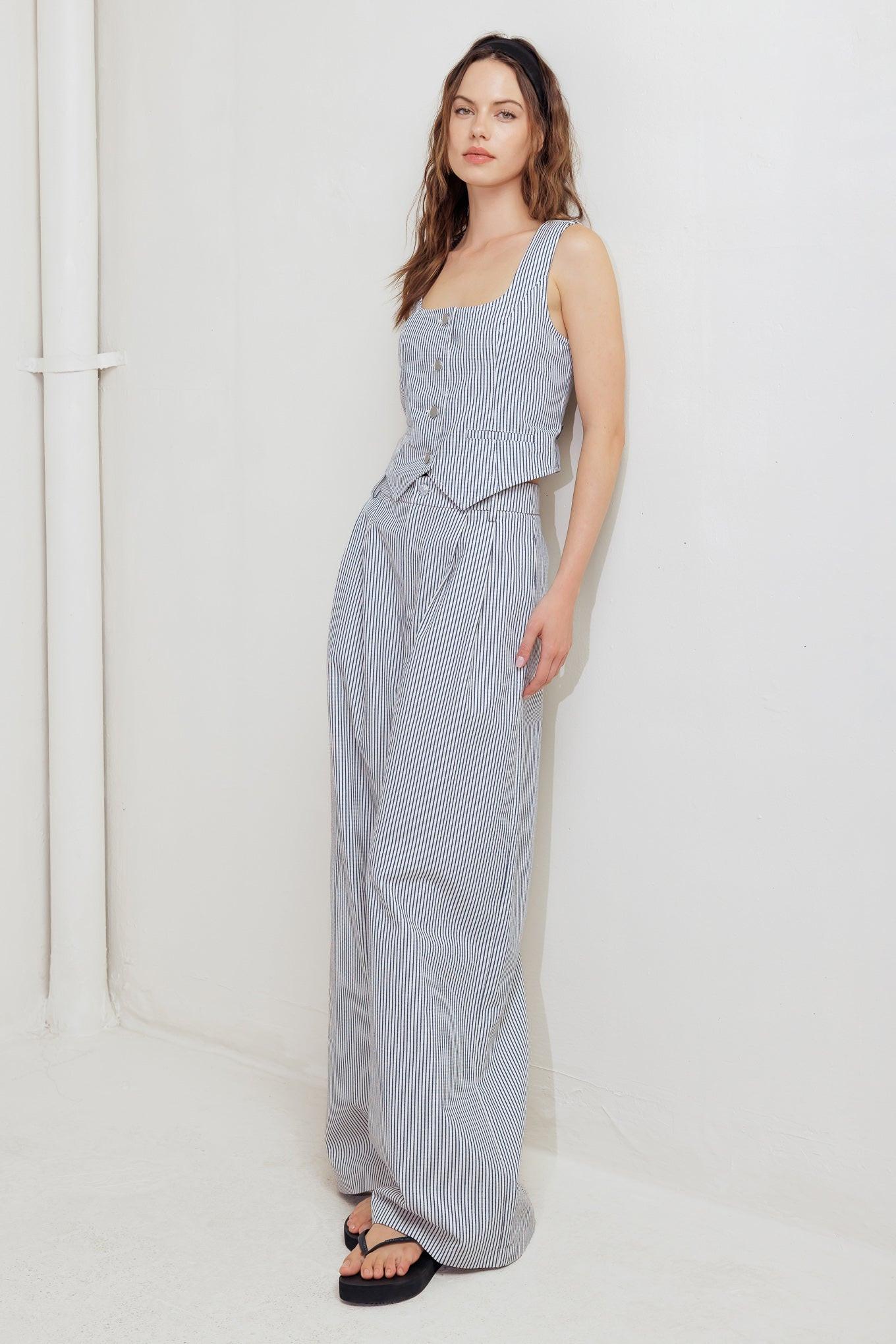 Coastal Chic Woven Pants in white navy, view 5 — Soul Flow Apparel