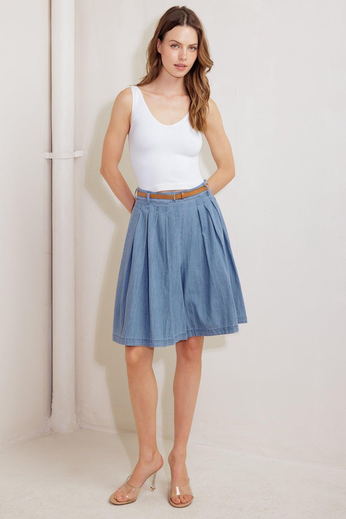 Serenity Hill Chambray Short in light blue denim, view 5 — Soul Flow Apparel
