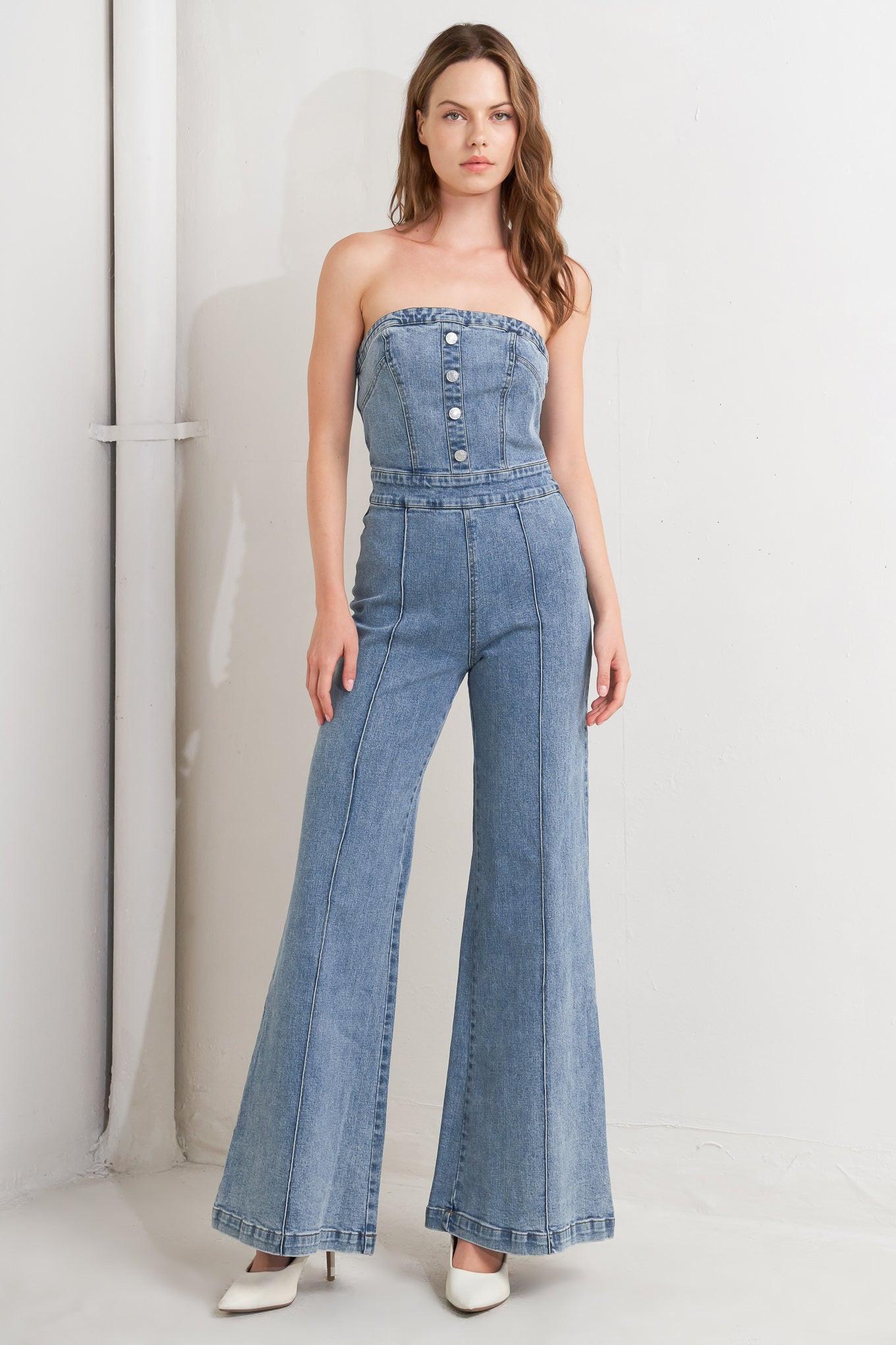 Urban Strapless Denim Jumpsuit in indigo, view 1 — Soul Flow Apparel