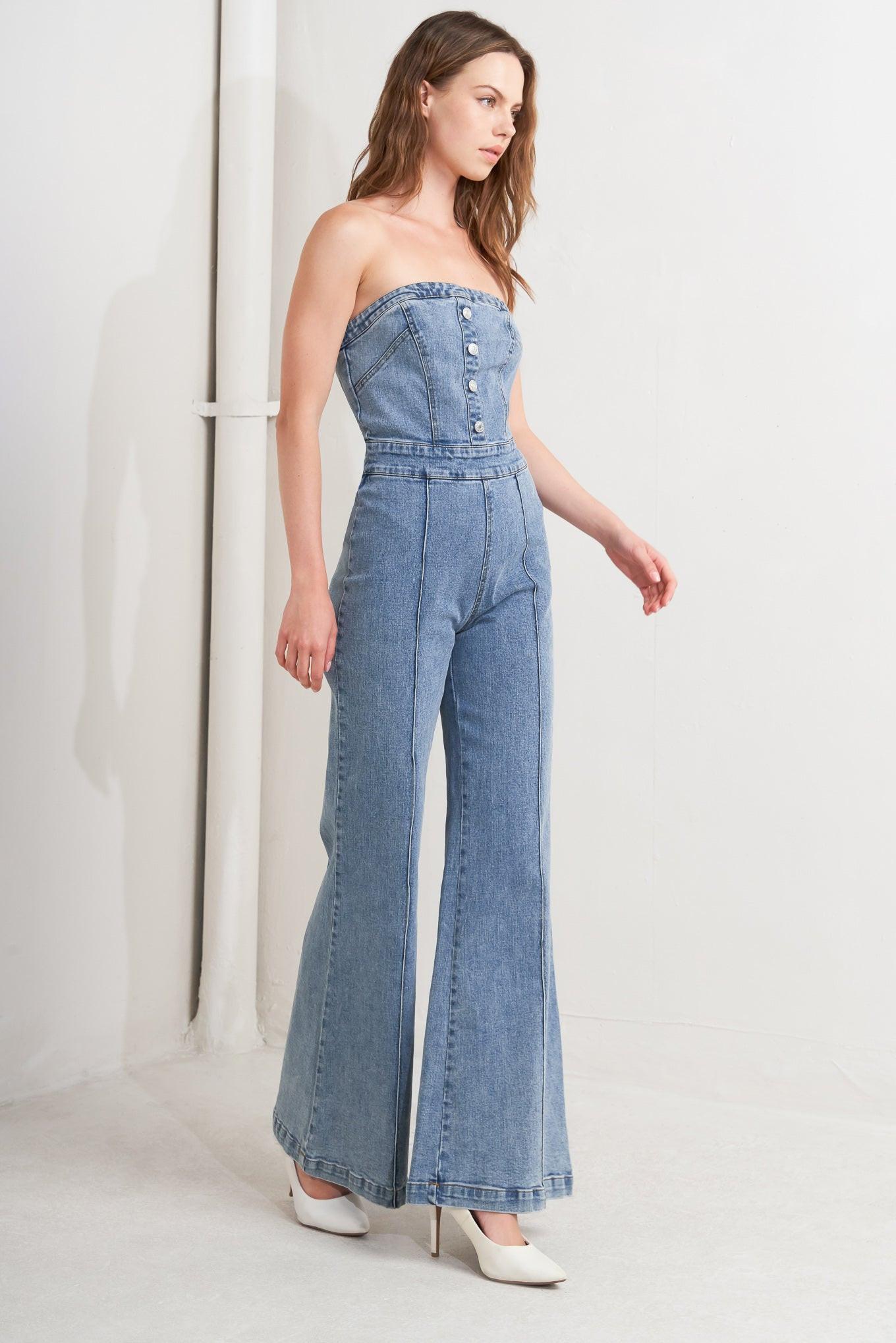 Urban Strapless Denim Jumpsuit in indigo, view 2 — Soul Flow Apparel