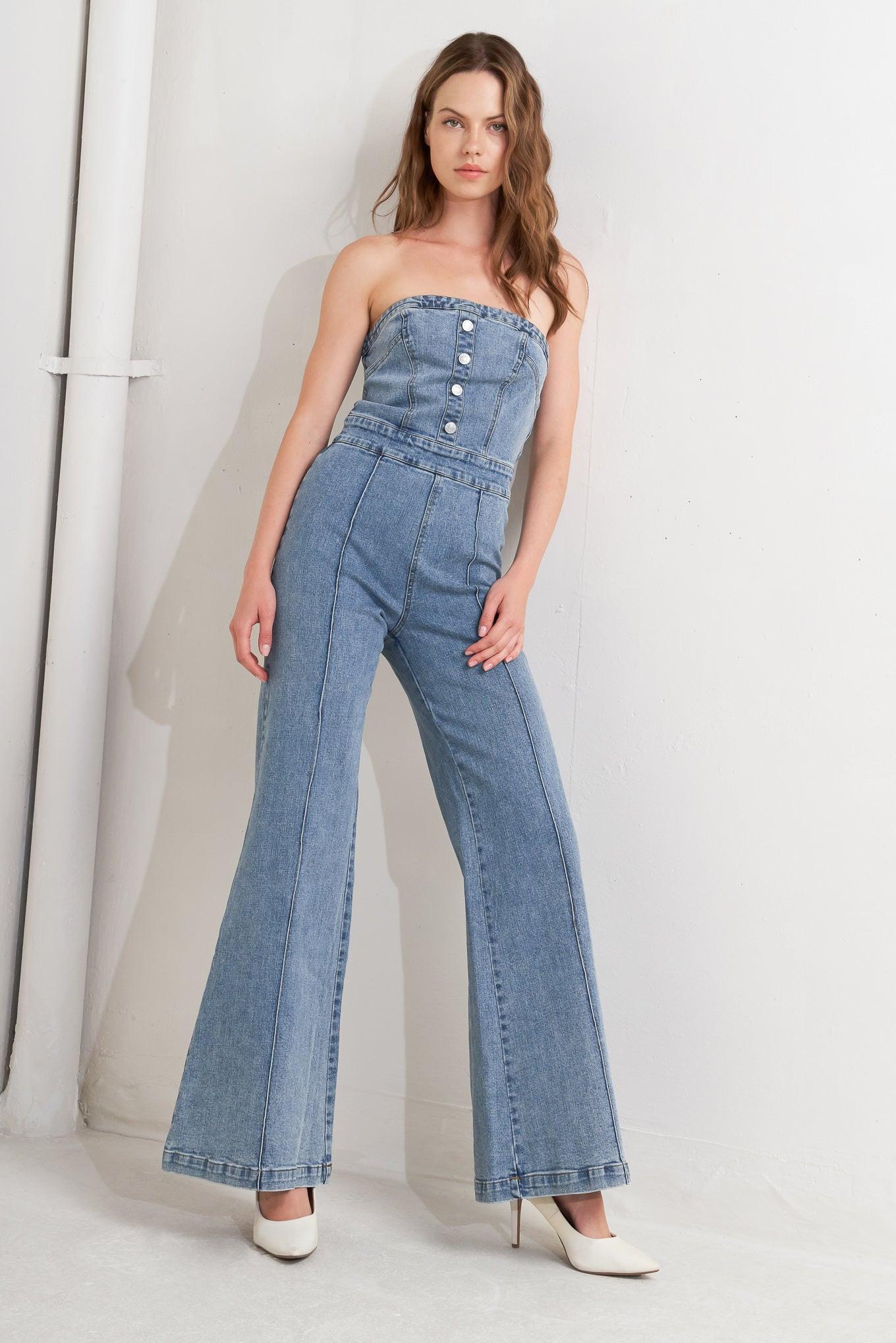 Urban Strapless Denim Jumpsuit in indigo, view 3 — Soul Flow Apparel