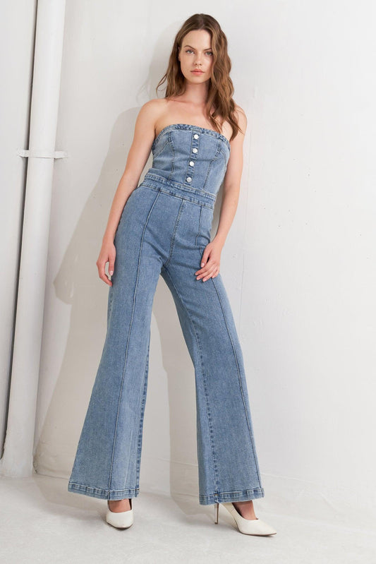 Urban Strapless Denim Jumpsuit in indigo, view 3 — Soul Flow Apparel