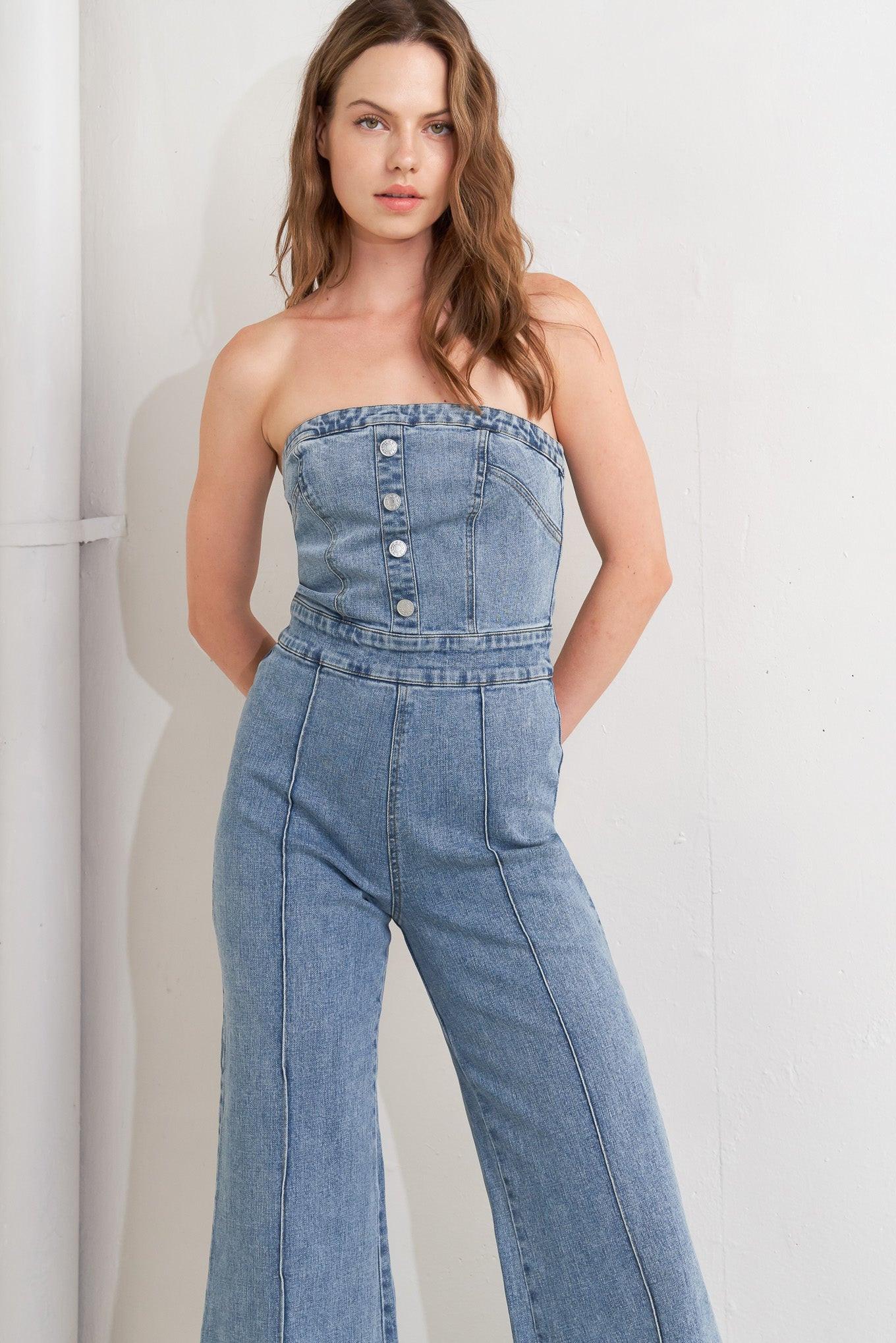 Urban Strapless Denim Jumpsuit in indigo, view 4 — Soul Flow Apparel