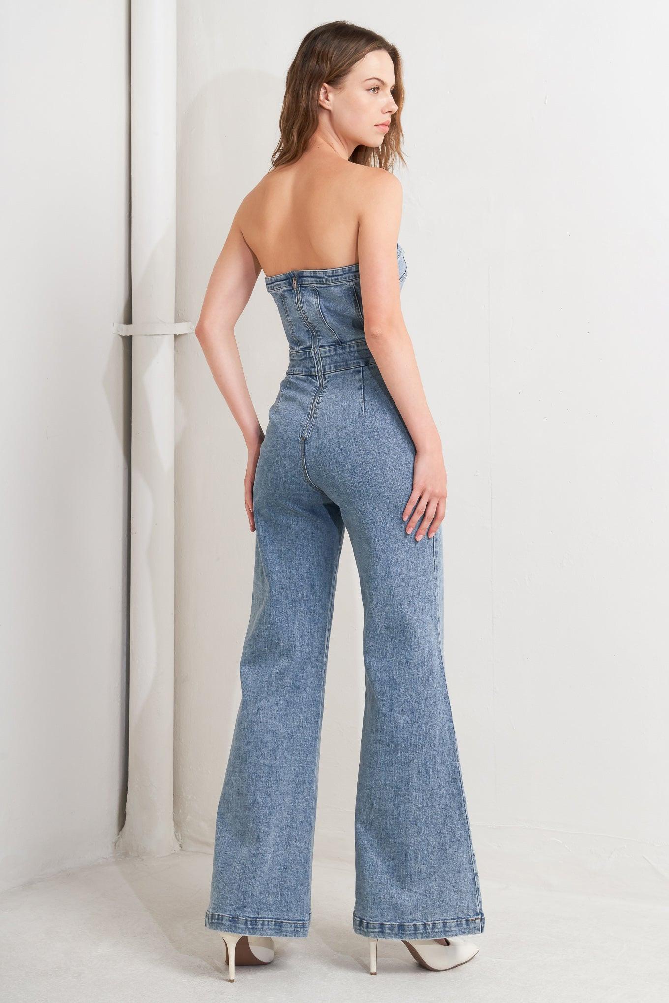 Urban Strapless Denim Jumpsuit in indigo, view 6 — Soul Flow Apparel