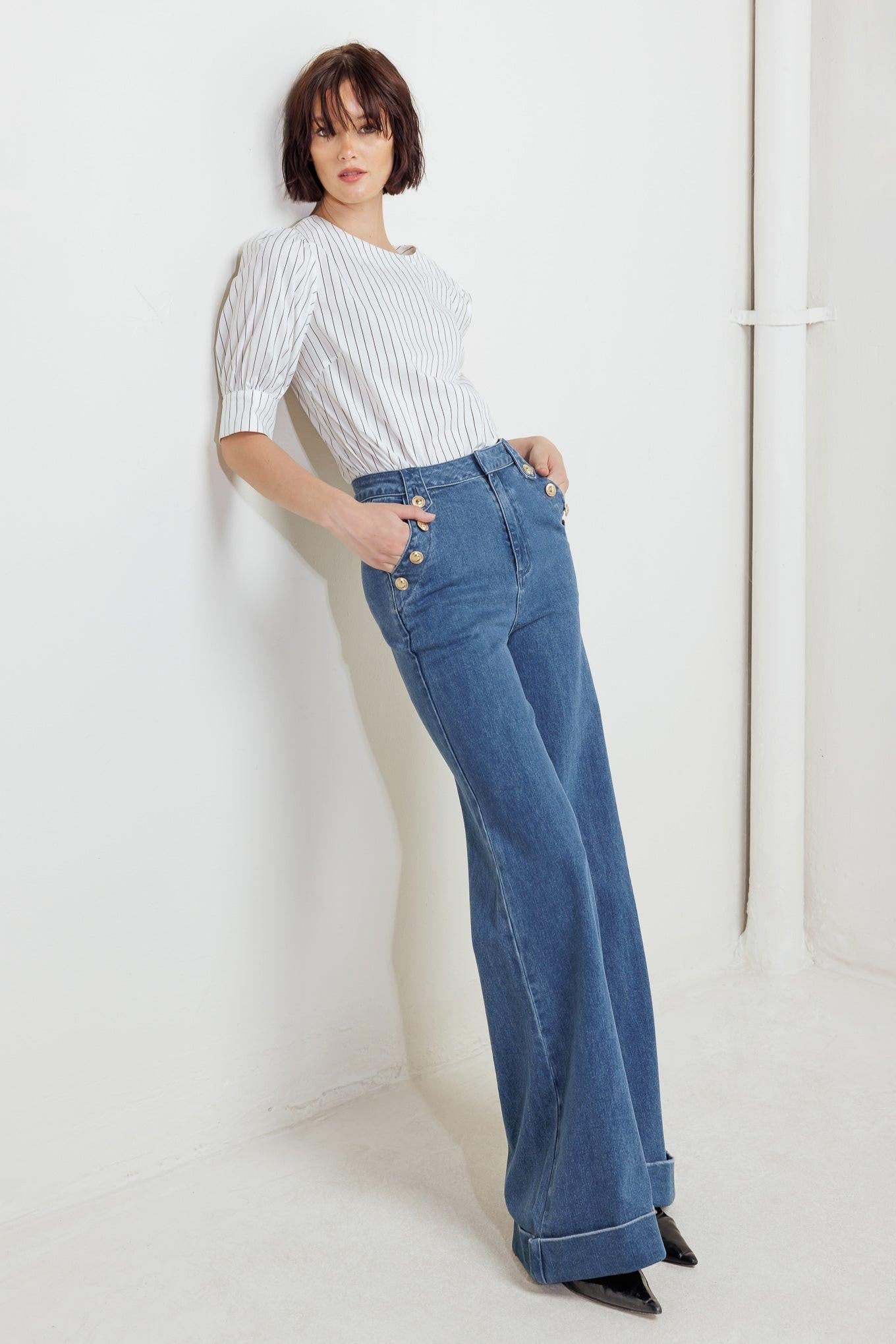 Nostalgia Field Denim Pants in indigo, view 3 — Soul Flow Apparel