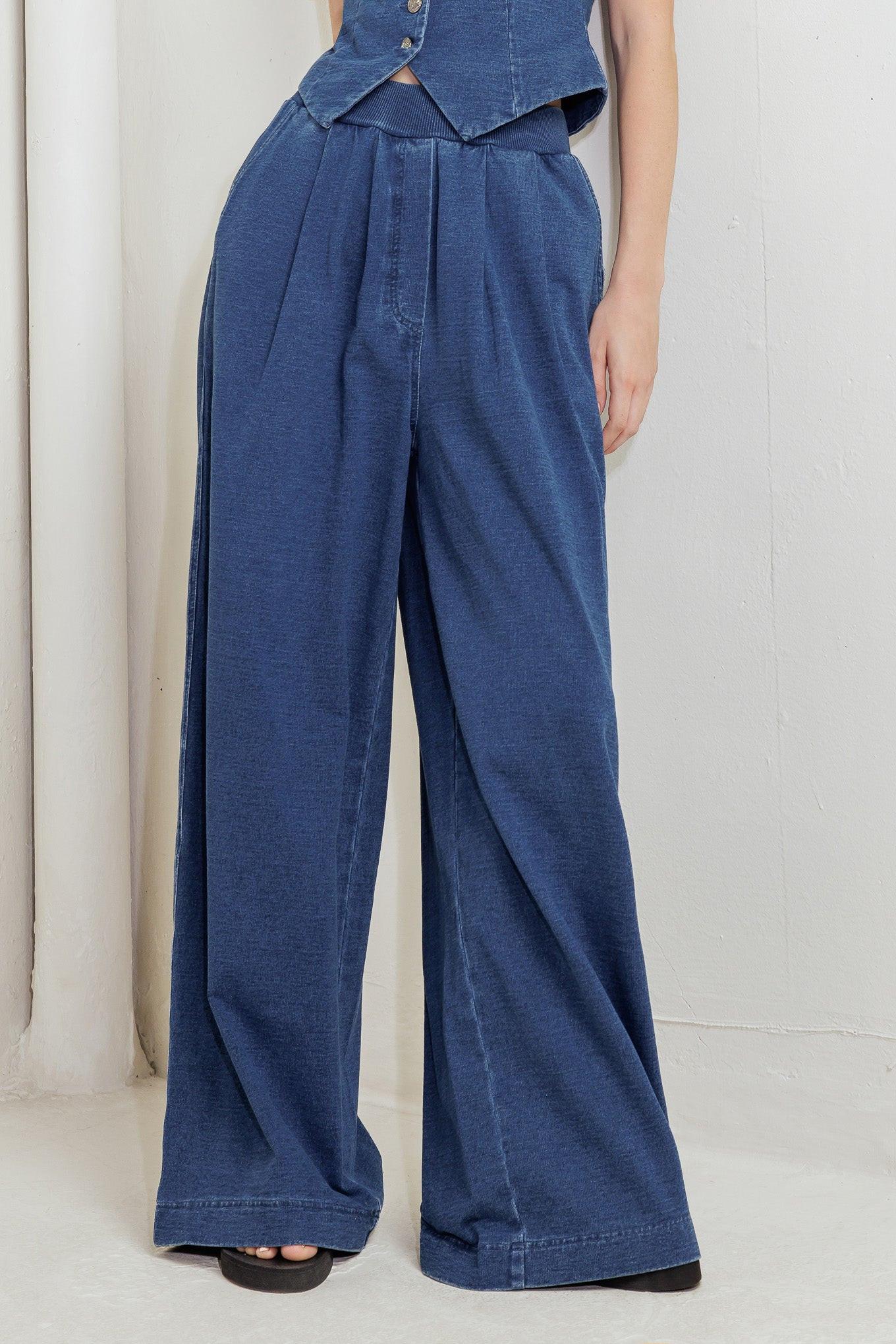 Urban Indigo French Terry Denim Pants in blue, view 1 — Soul Flow Apparel