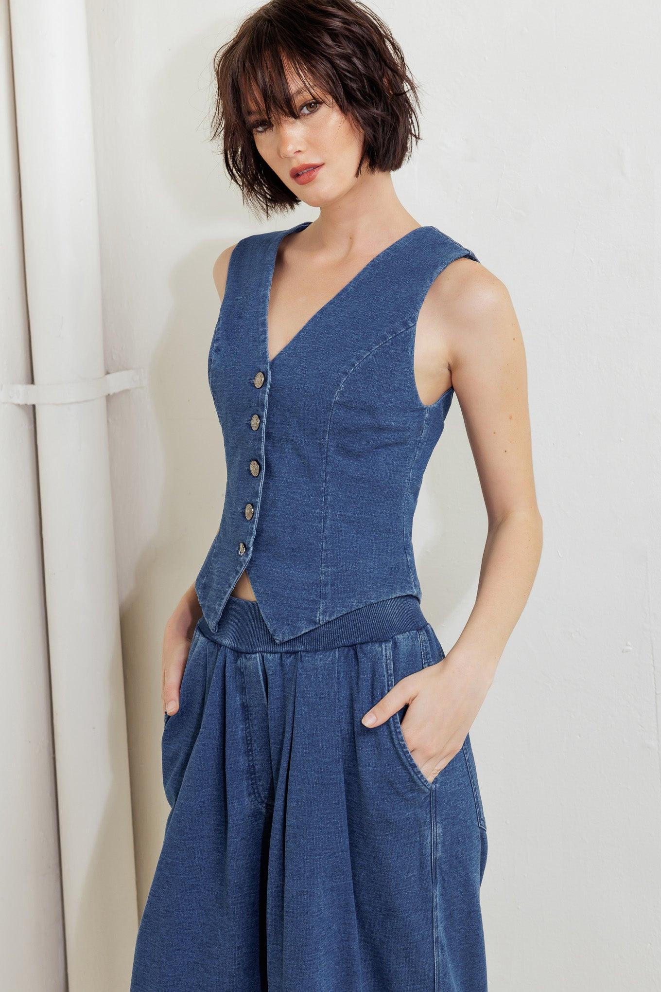 Urban Indigo French Terry Denim Pants in blue, view 3 — Soul Flow Apparel
