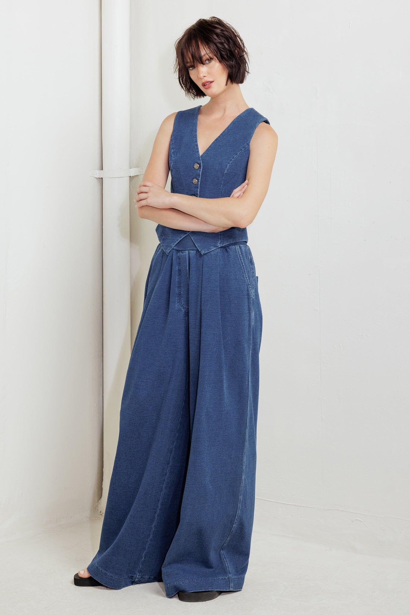 Urban Indigo French Terry Denim Pants in blue, view 4 — Soul Flow Apparel