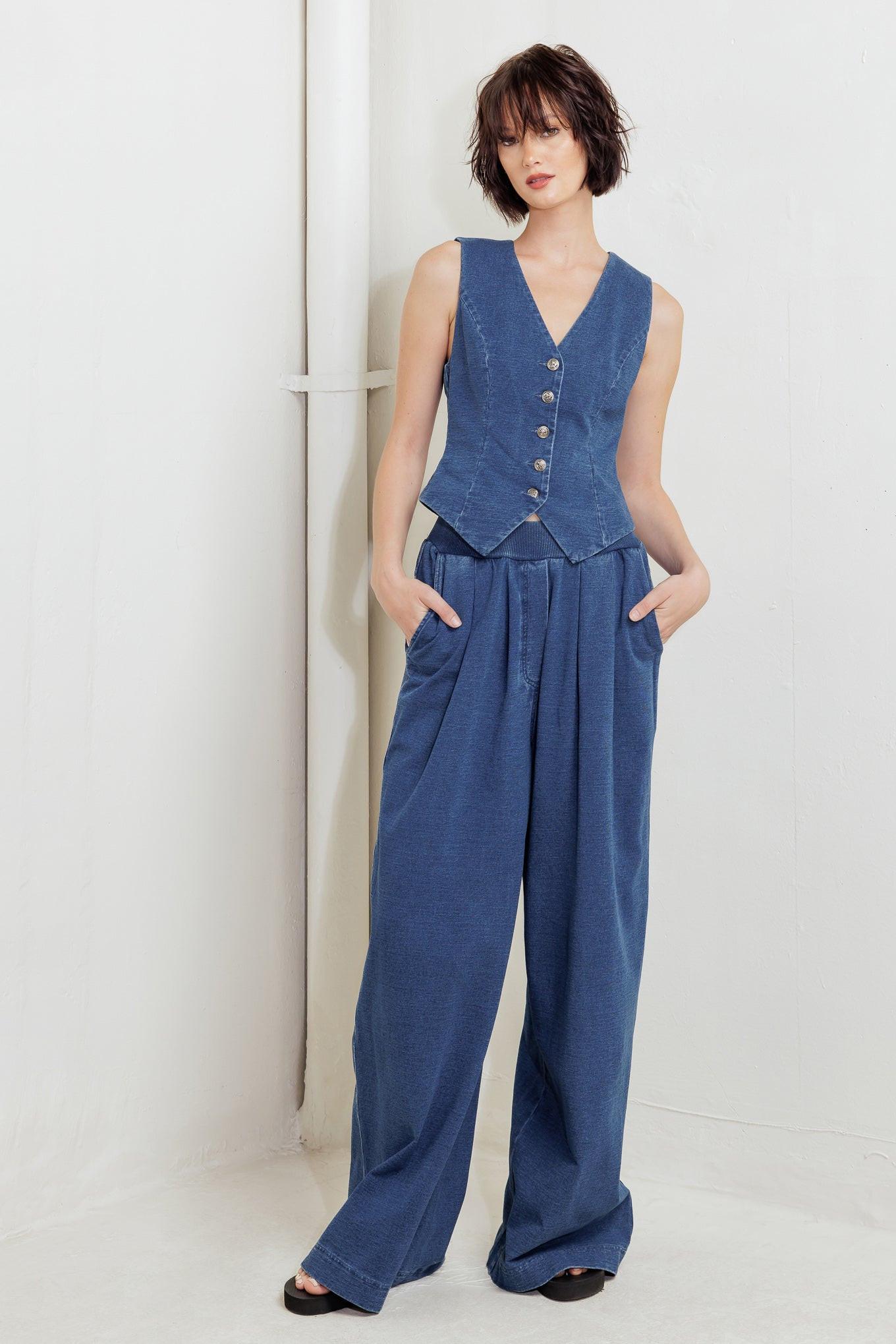 Urban Indigo French Terry Denim Pants in blue, view 5 — Soul Flow Apparel