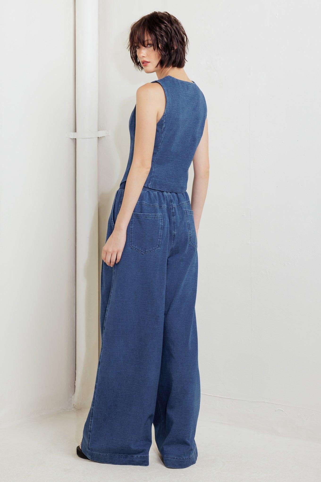 Urban Indigo French Terry Denim Pants in blue, view 6 — Soul Flow Apparel