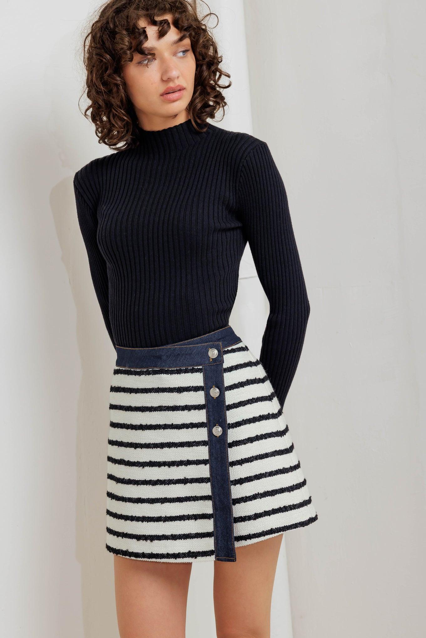 Bonjour Stripe Woven Skort in white black denim, view 1 — Soul Flow Apparel