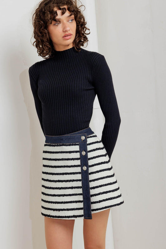 Bonjour Stripe Woven Skort in white black denim, view 1 — Soul Flow Apparel