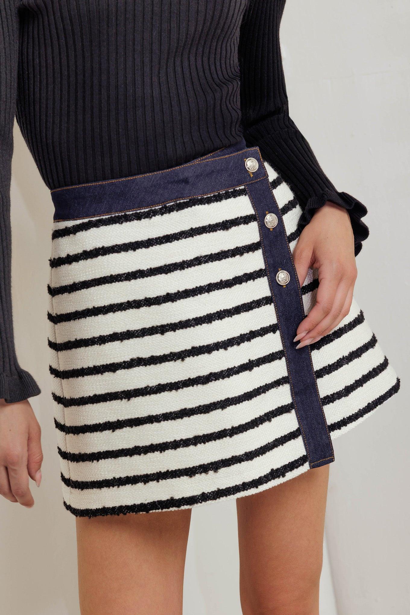 Bonjour Stripe Woven Skort in white black denim, view 4 — Soul Flow Apparel