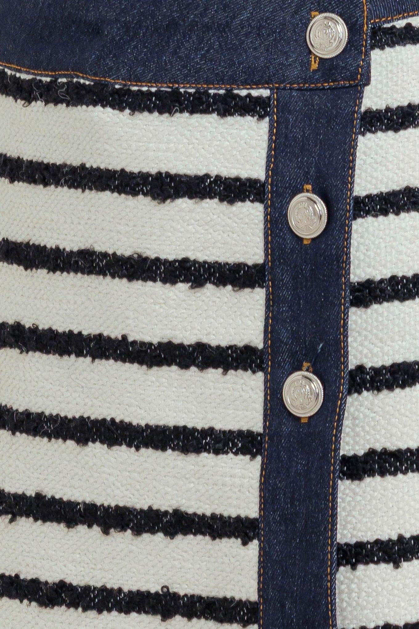 Bonjour Stripe Woven Skort in white black denim, fabric swatch — Soul Flow Apparel
