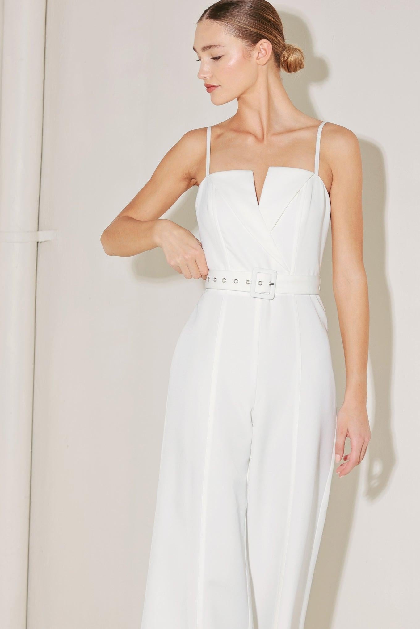 Arctic Elegance Woven Jumpsuit in white, view 2 — Soul Flow Apparel