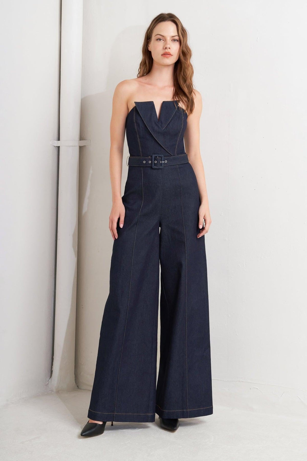 Le Bonheur V Cut Vow Denim Jumpsuit in dark, view 1 — Soul Flow Apparel