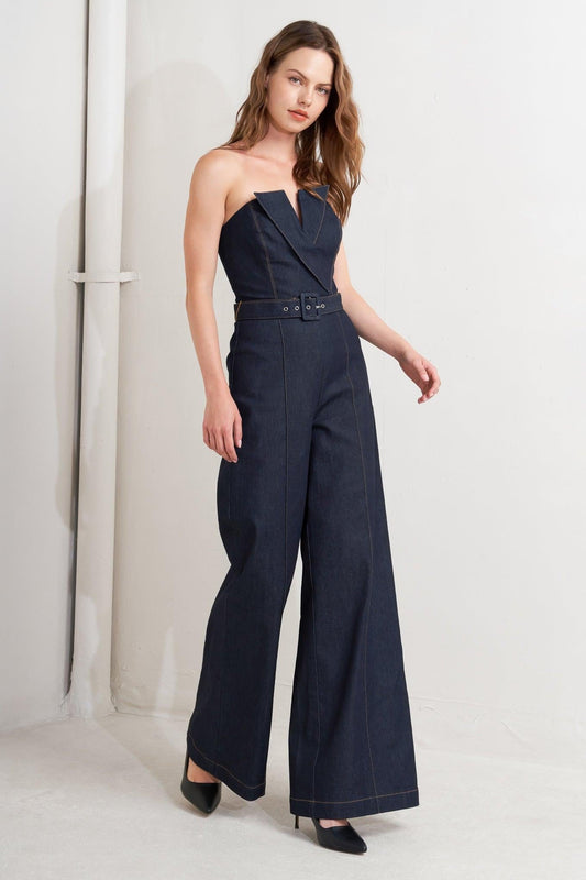 Le Bonheur V Cut Vow Denim Jumpsuit in dark, view 5 — Soul Flow Apparel