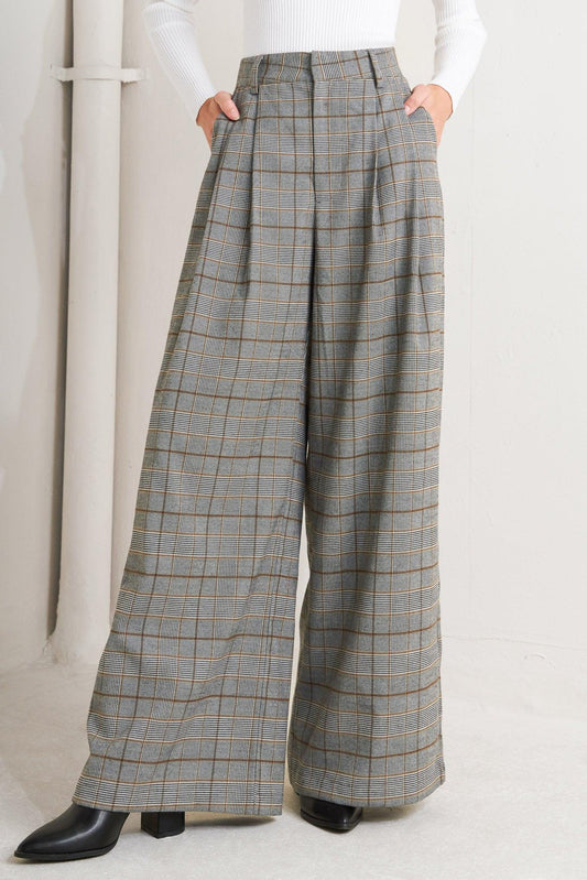 New Age Woven Plaid Pants in brown black, view 1 — Soul Flow Apparel