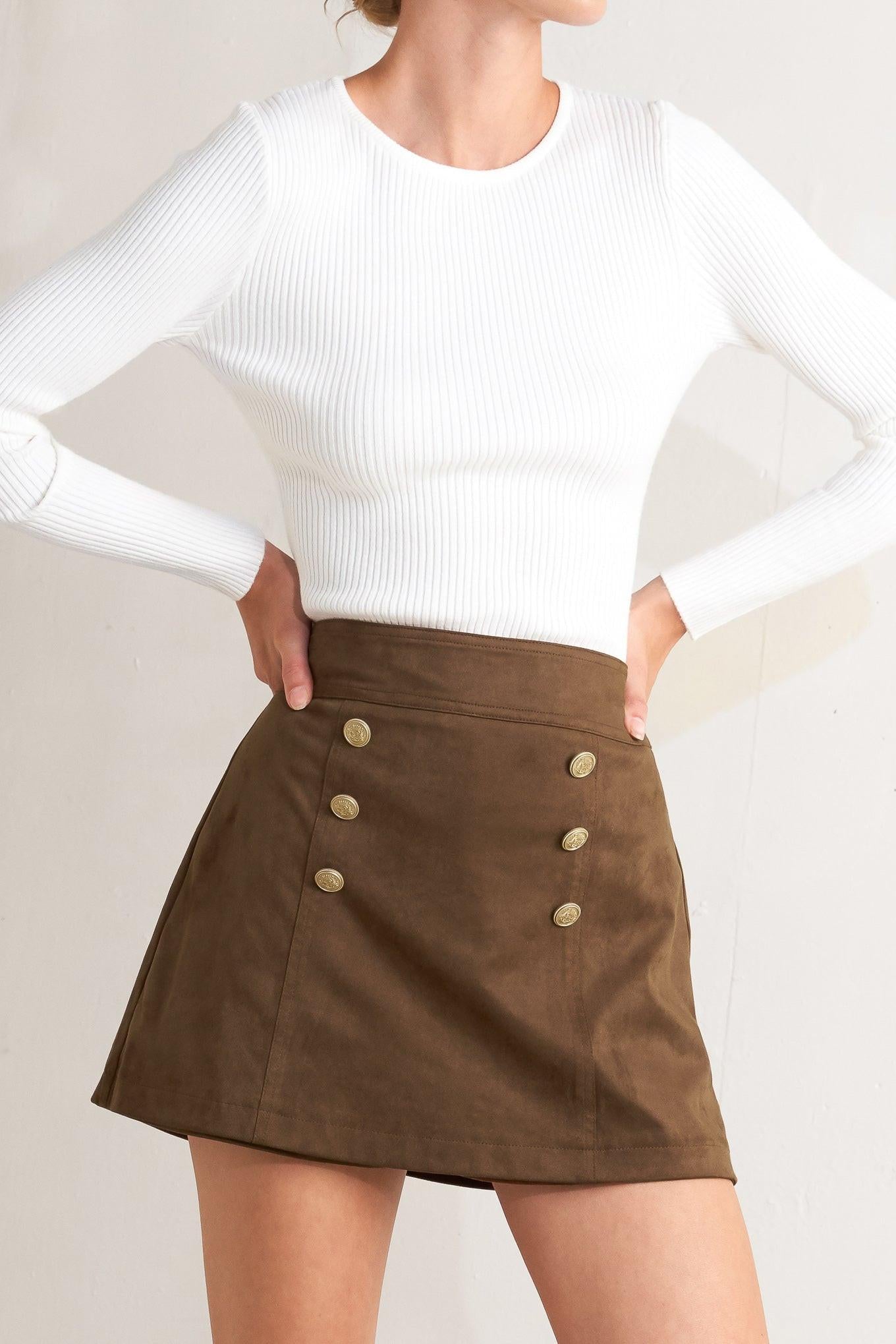 Heritage Utility Faux Suede Skort in brown, view 4 — Soul Flow Apparel
