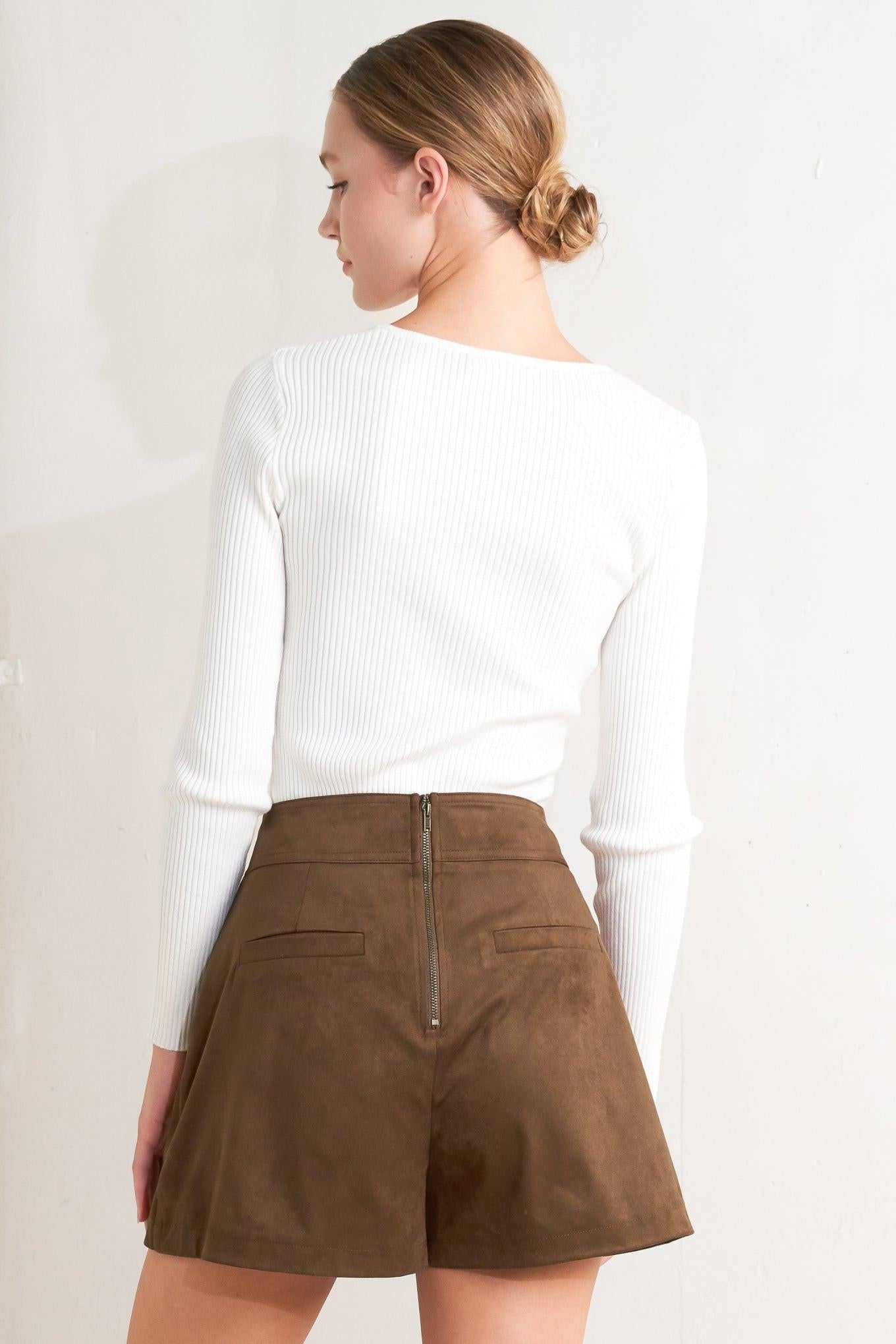 Heritage Utility Faux Suede Skort in brown, view 5 — Soul Flow Apparel