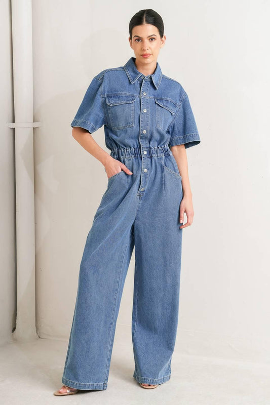 Relax Utility Denim Jumpsuit in medium indigo, view 1 — Soul Flow Apparel