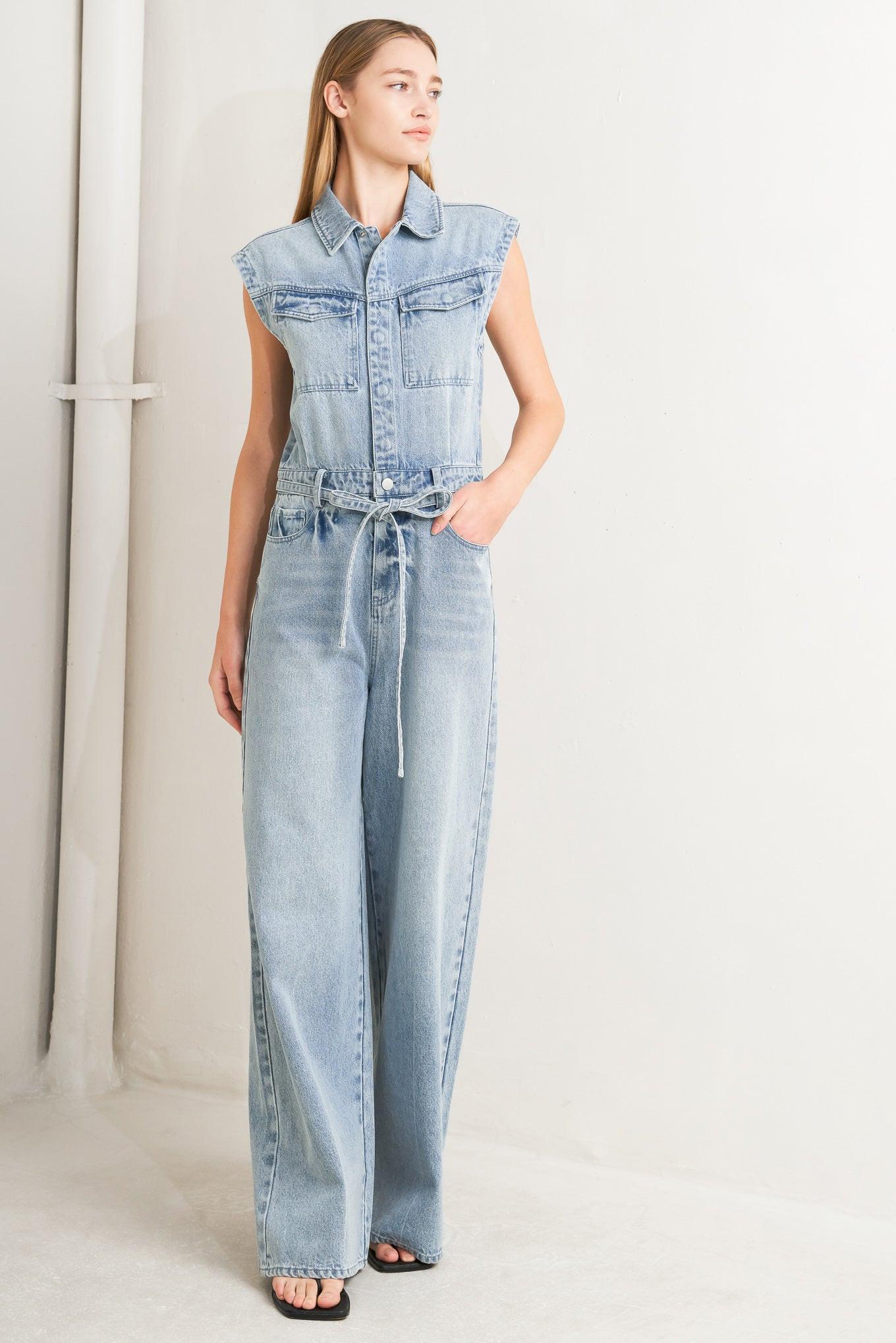 On My Way Denim Jumpsuit in light, view 1 — Soul Flow Apparel