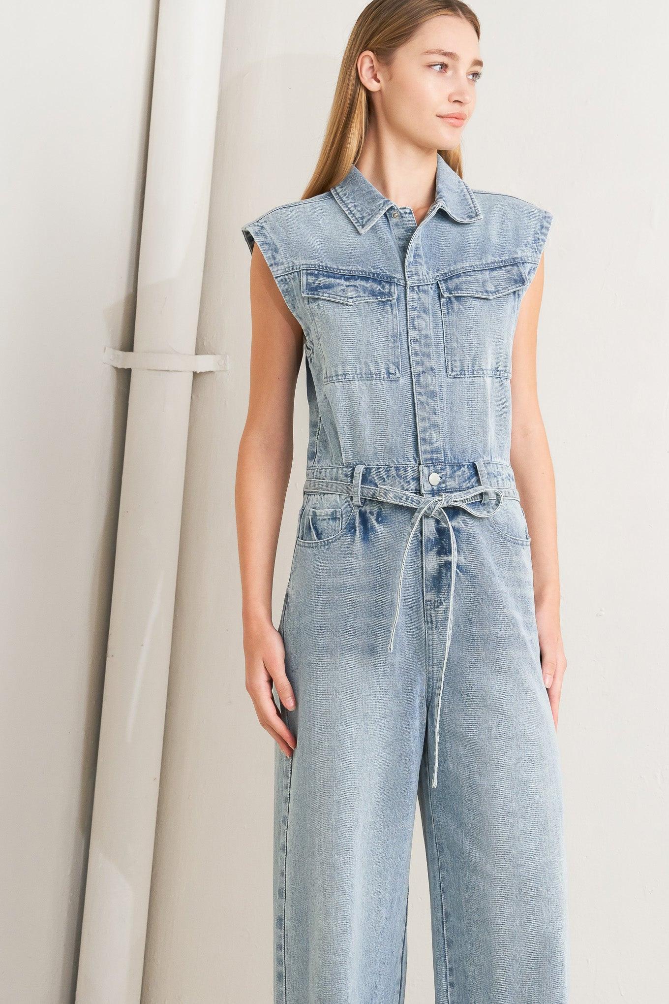 On My Way Denim Jumpsuit in light, view 2 — Soul Flow Apparel