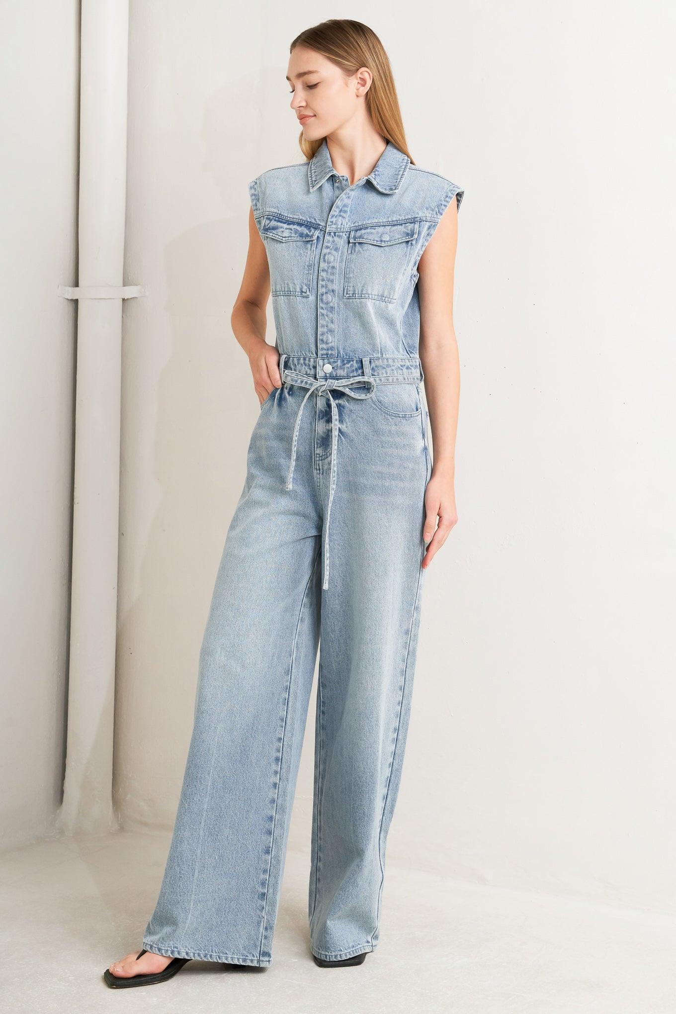 On My Way Denim Jumpsuit in light, view 3 — Soul Flow Apparel