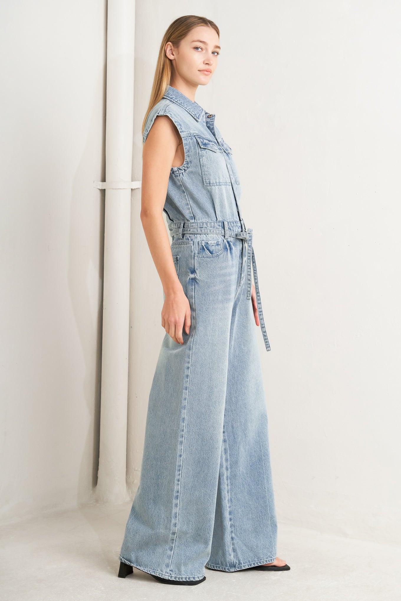 On My Way Denim Jumpsuit in light, view 4 — Soul Flow Apparel