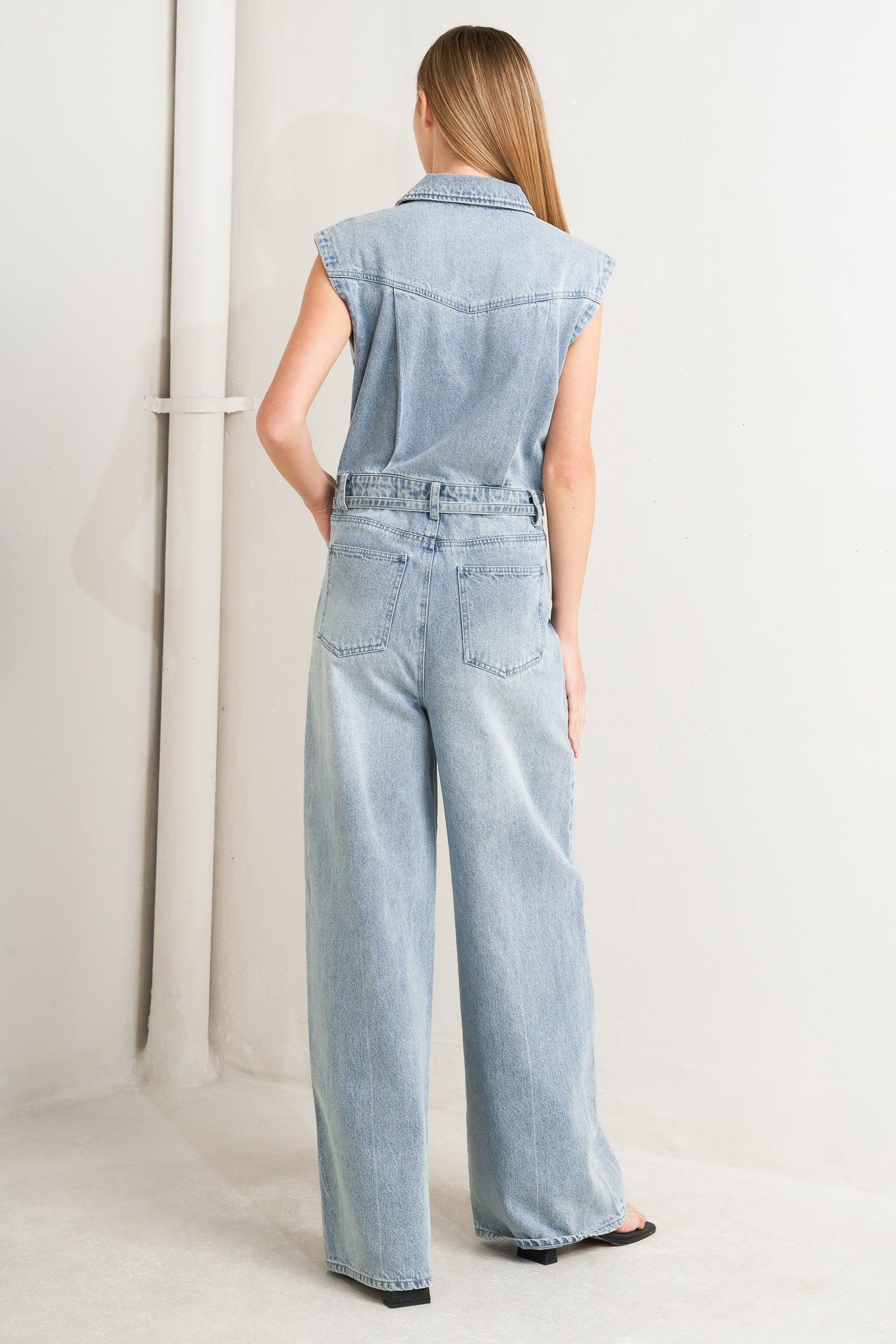 On My Way Denim Jumpsuit in light, view 5 — Soul Flow Apparel