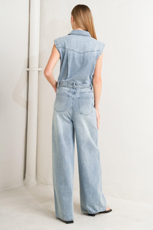 On My Way Denim Jumpsuit in light, view 5 — Soul Flow Apparel