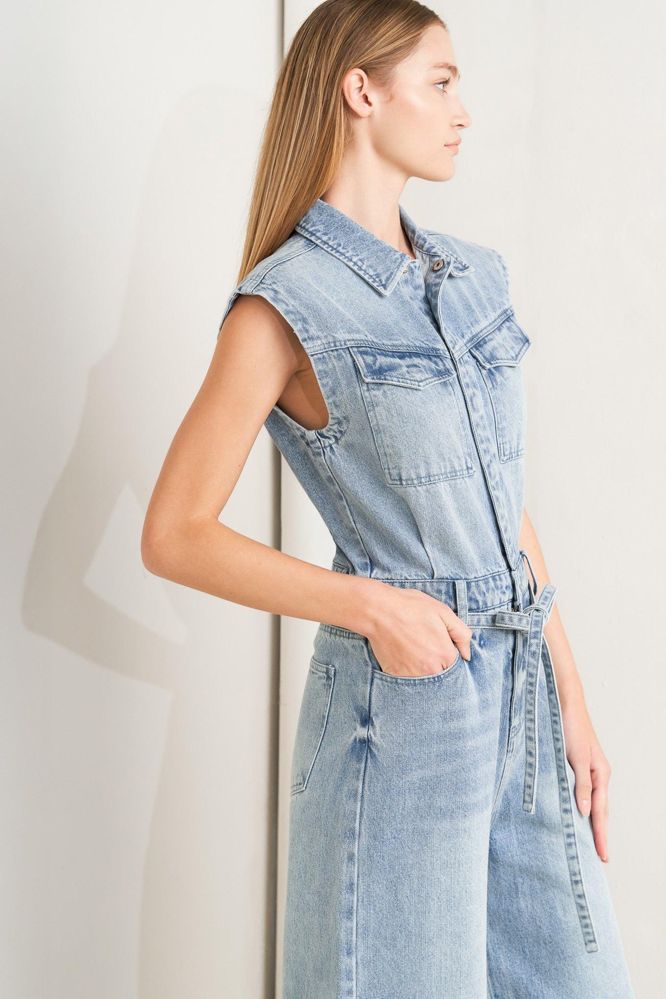 On My Way Denim Jumpsuit in light, view 6 — Soul Flow Apparel