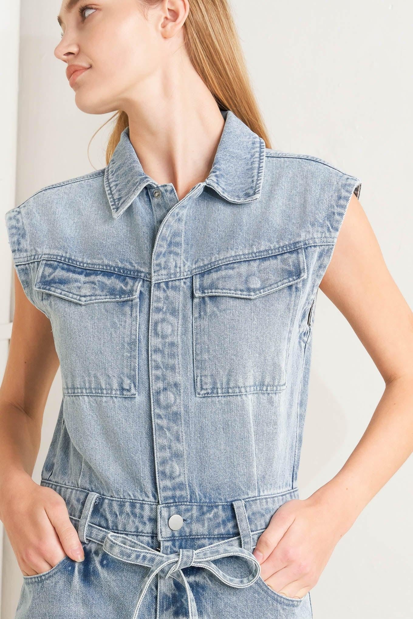 On My Way Denim Jumpsuit in light, view 7 — Soul Flow Apparel