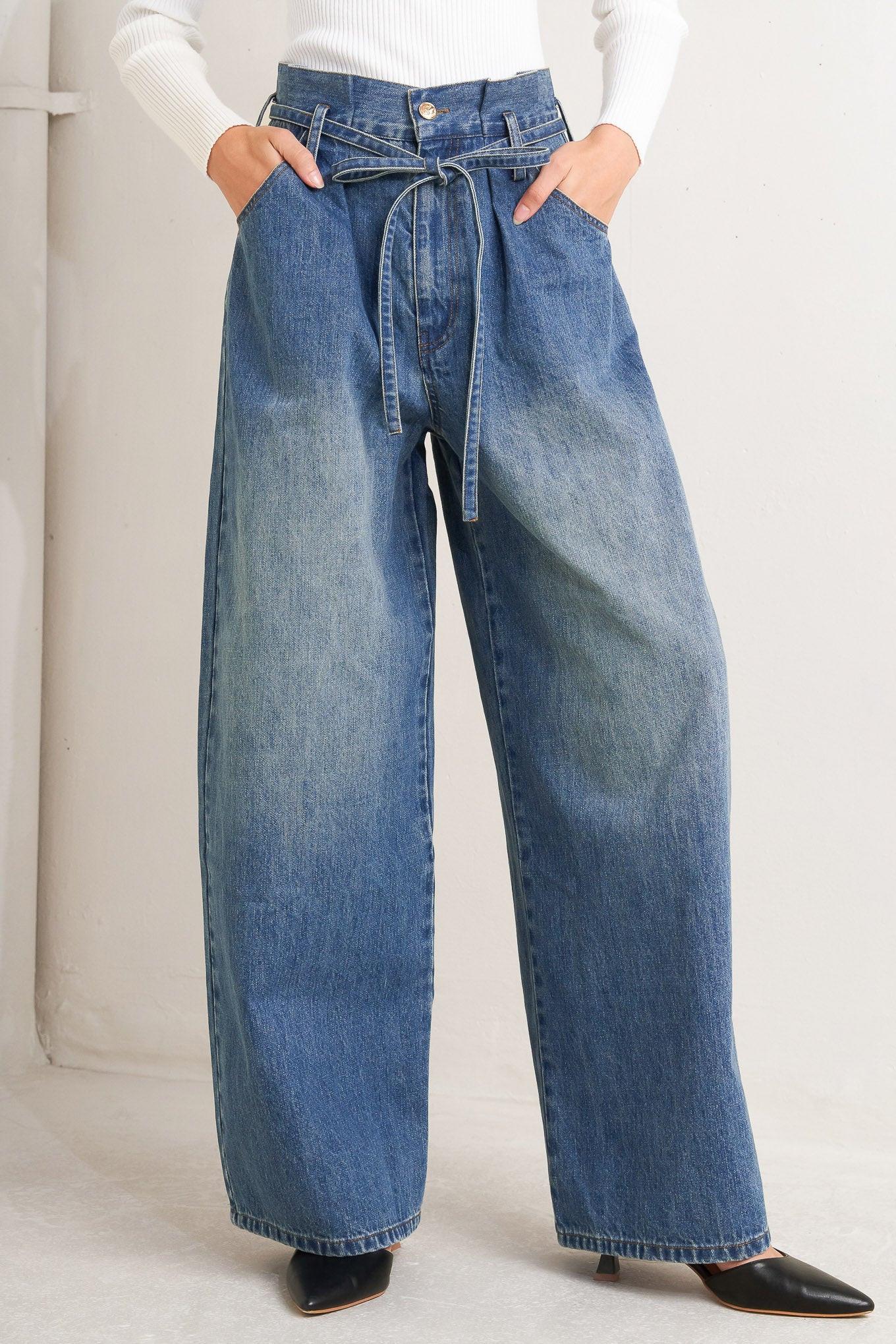 Everyday Cinch Denim Pants in indigo, view 1 — Soul Flow Apparel