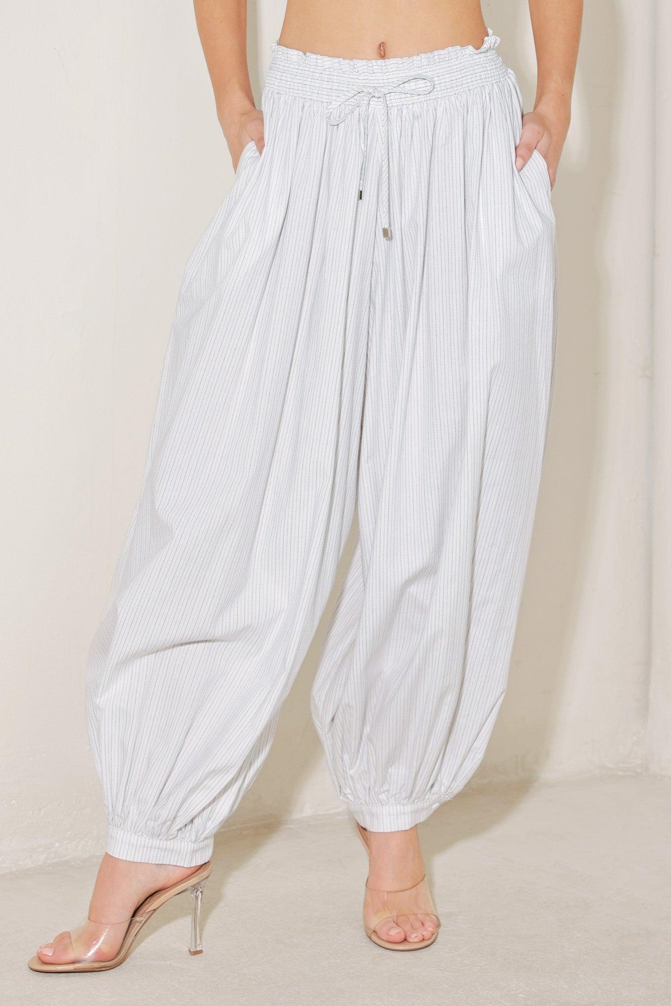 Ocean Breeze Woven Ballon Pants in white stripe, view 1 — Soul Flow Apparel