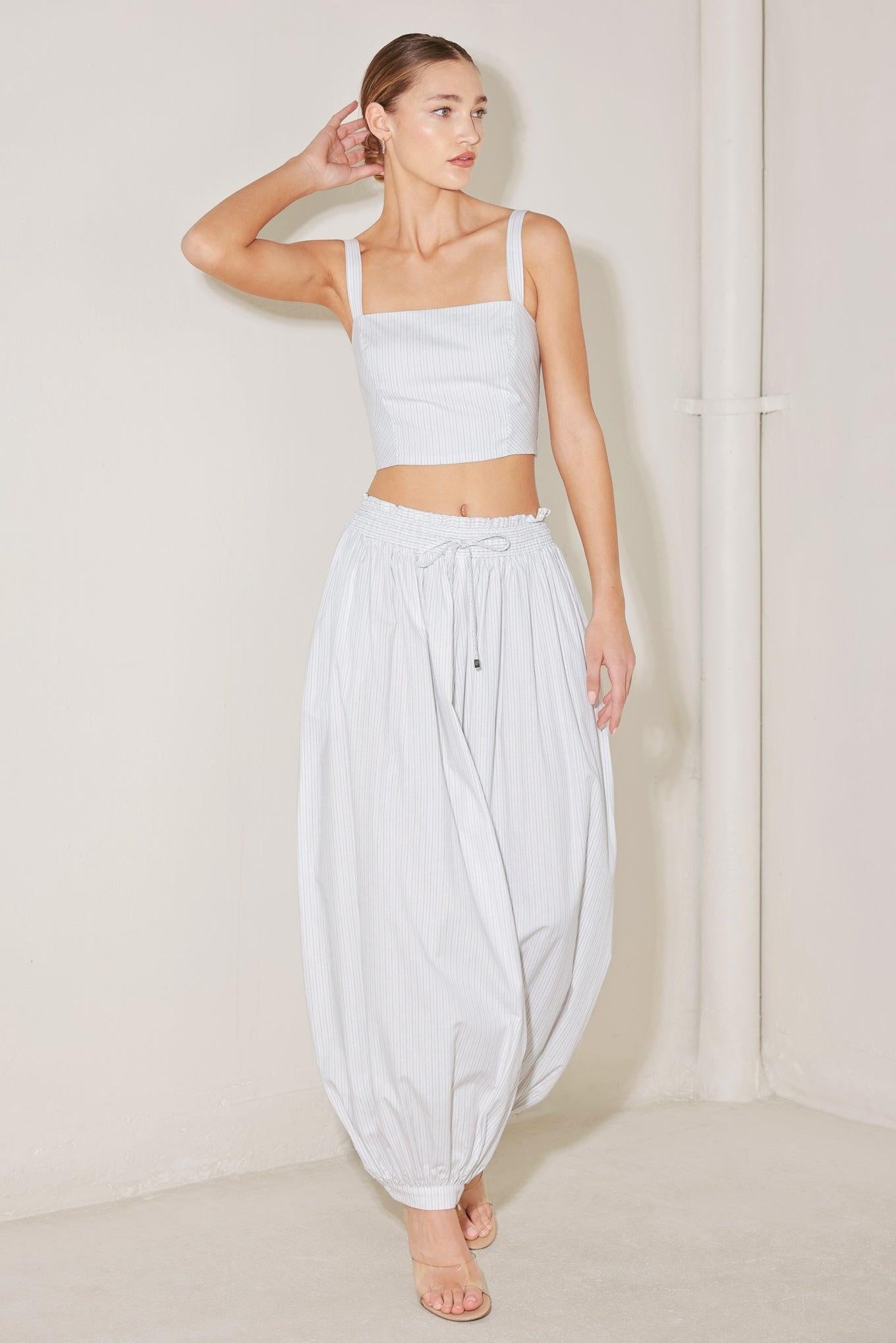 Ocean Breeze Woven Ballon Pants in white stripe, view 2 — Soul Flow Apparel