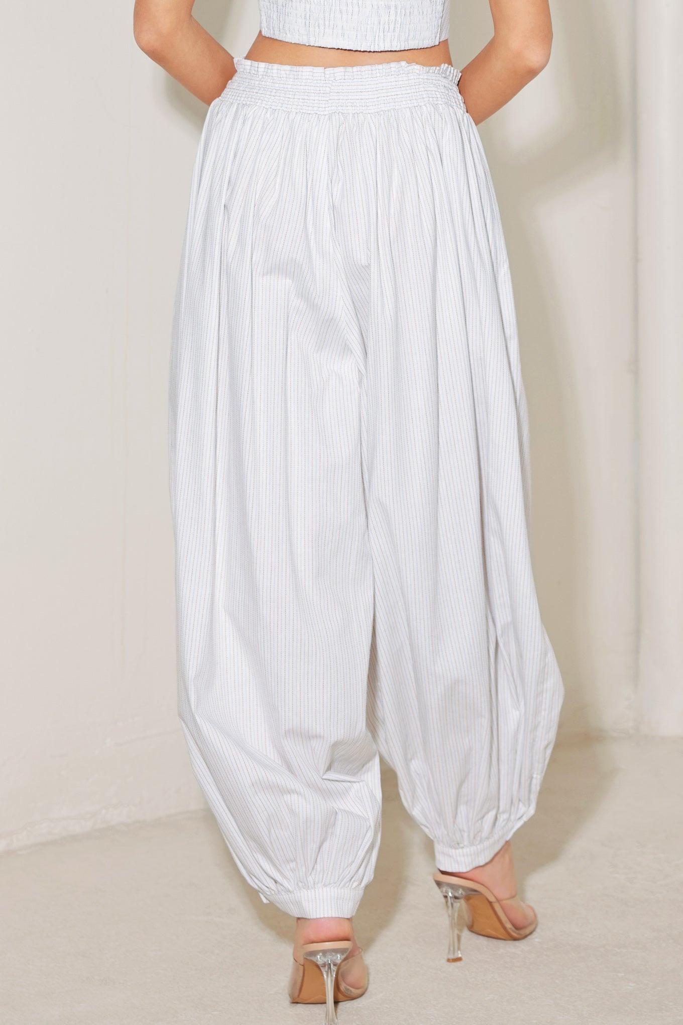 Ocean Breeze Woven Ballon Pants in white stripe, view 7 — Soul Flow Apparel