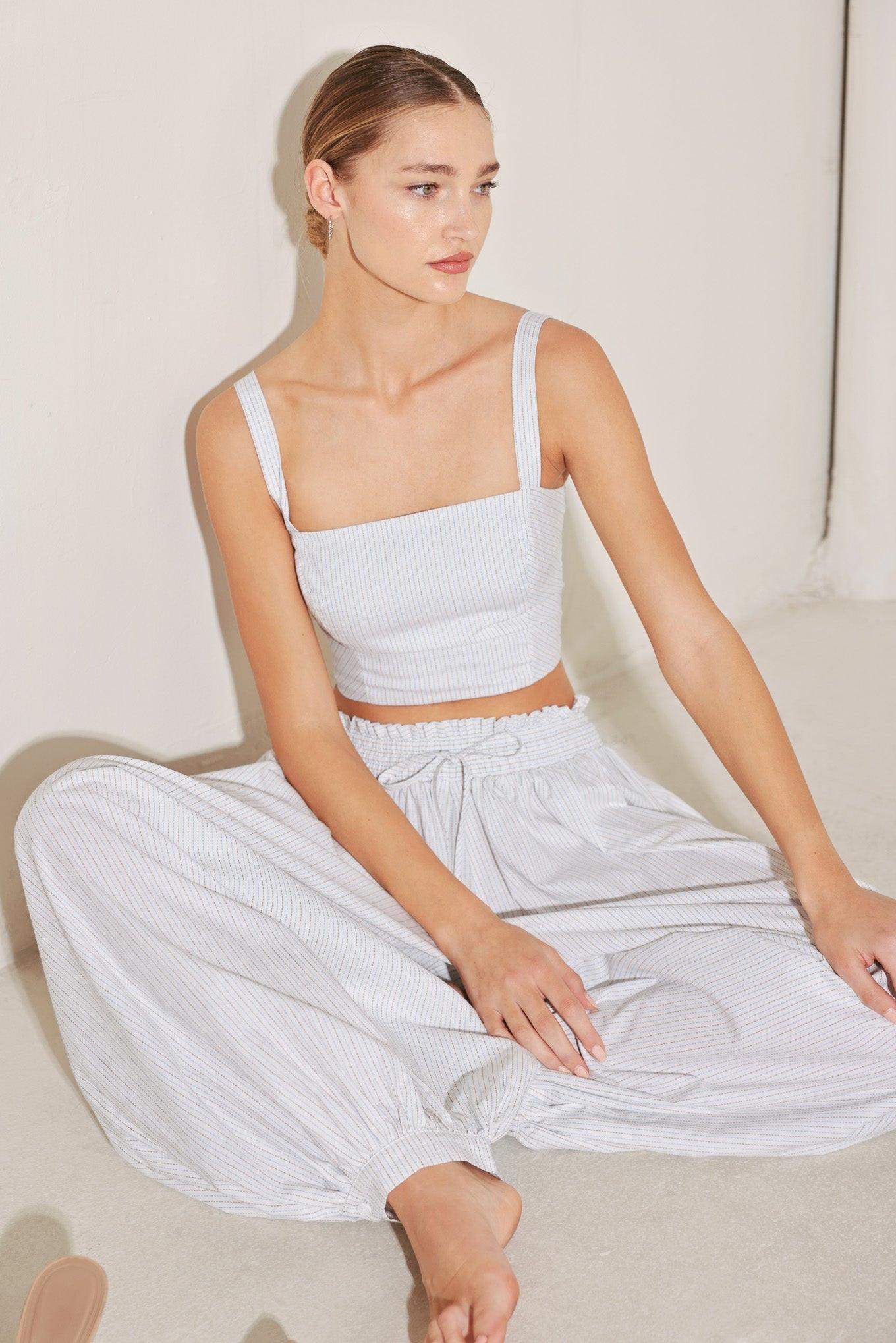 Ocean Breeze Woven Ballon Pants in white stripe, view 8 — Soul Flow Apparel