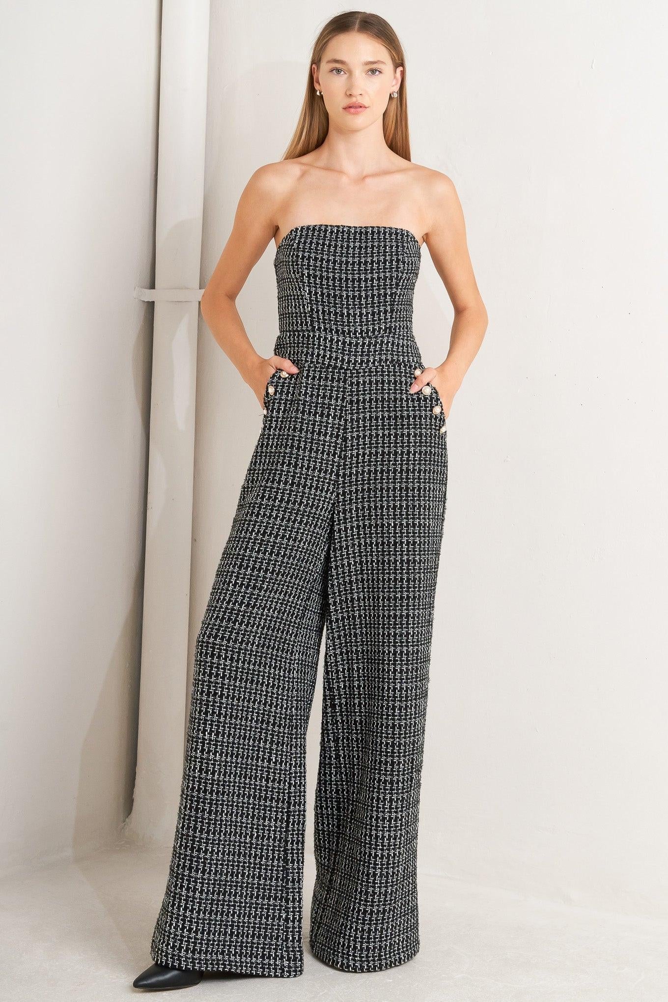 Haute Strapless Tweed Jumpsuit in black, view 1 — Soul Flow Apparel