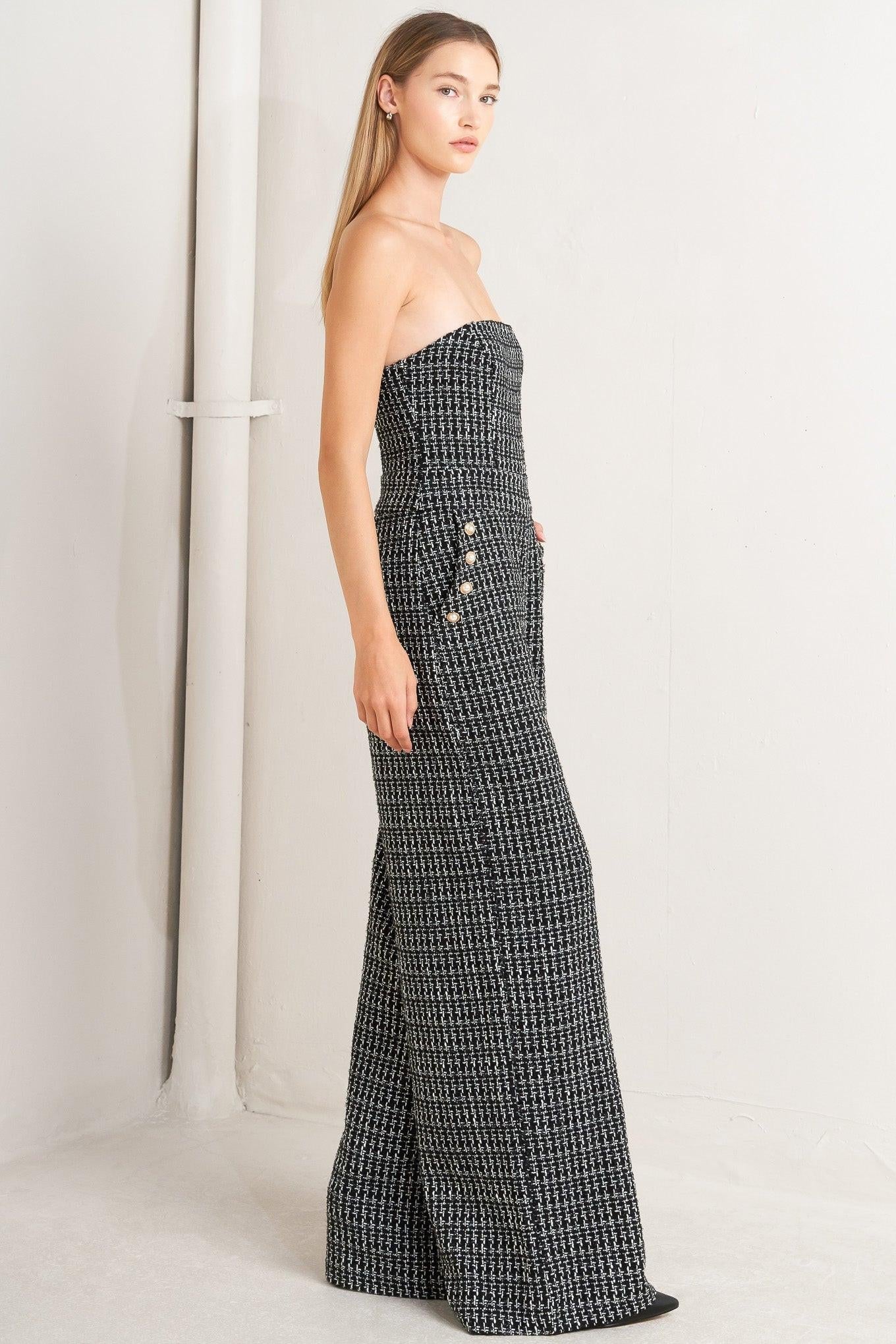 Haute Strapless Tweed Jumpsuit in black, view 3 — Soul Flow Apparel