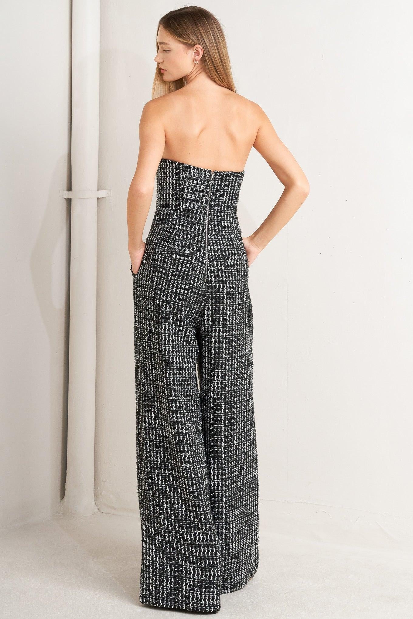 Haute Strapless Tweed Jumpsuit in black, view 4 — Soul Flow Apparel