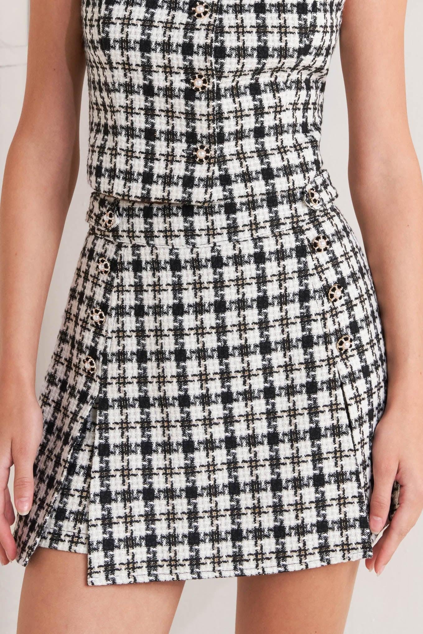 Mona Check Tweed Skort in cream black, view 1 — Soul Flow Apparel