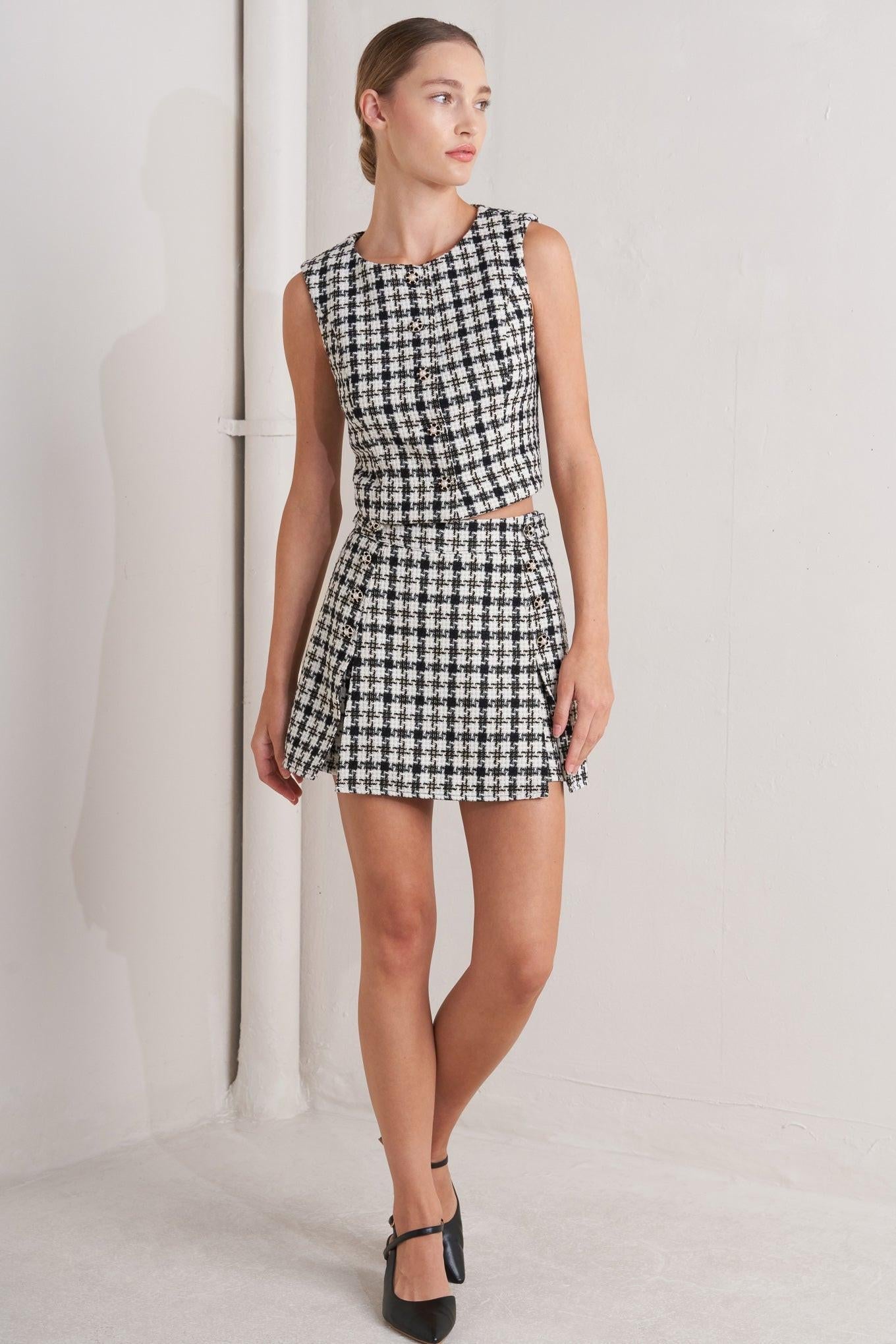 Mona Check Tweed Skort in cream black, view 5 — Soul Flow Apparel