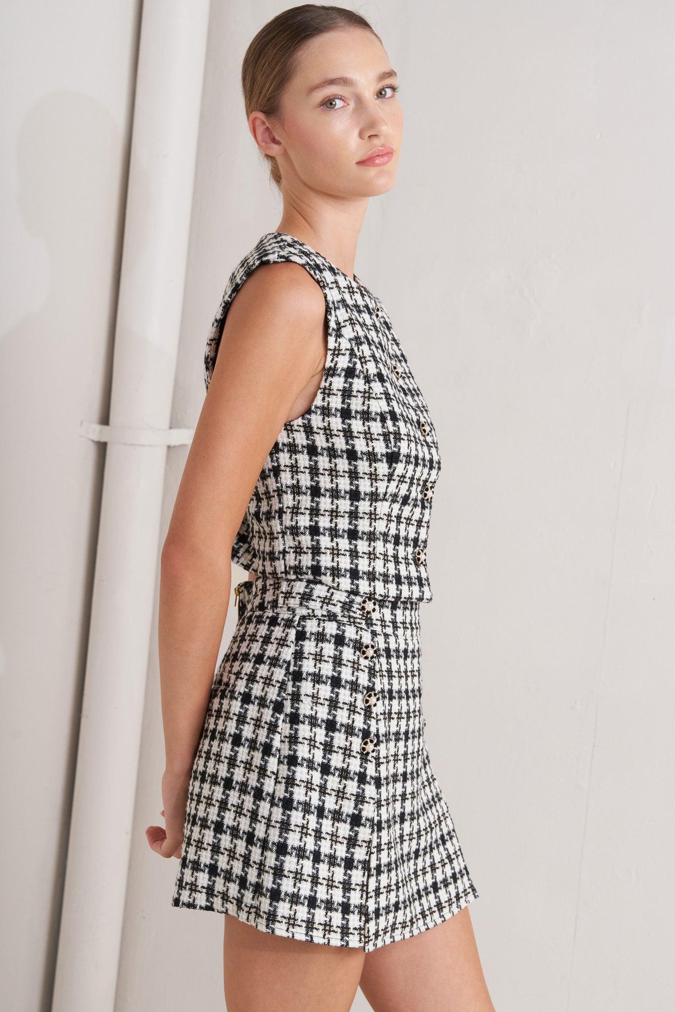 Mona Check Tweed Skort in cream black, view 9 — Soul Flow Apparel