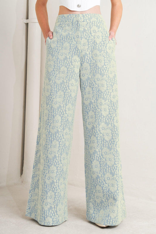 Easy Elegance Woven Lace Pants in cream light blue, view 1 — Soul Flow Apparel