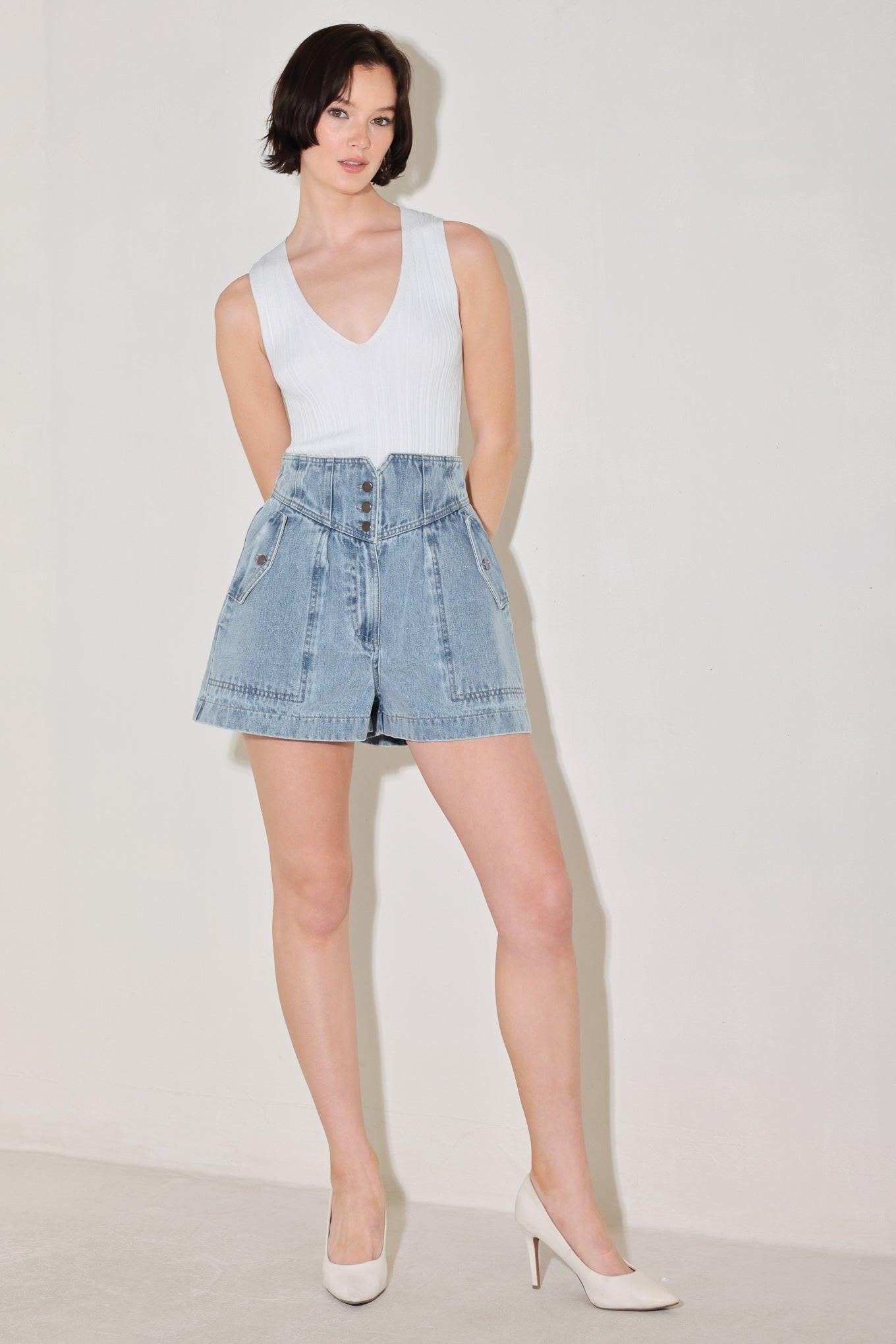 Sunlit Denim Moment Shorts in light indigo, view 3 — Soul Flow Apparel