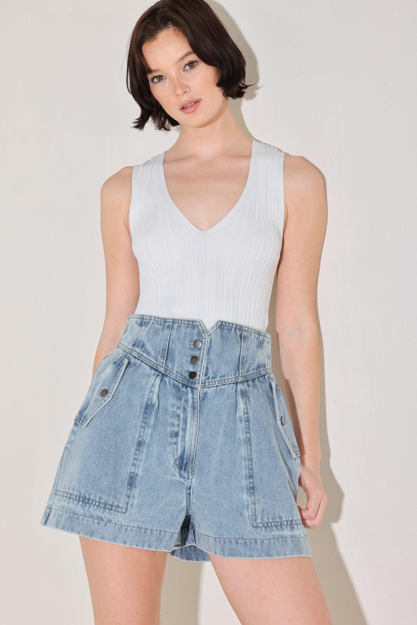 Sunlit Denim Moment Shorts in light indigo, view 4 — Soul Flow Apparel