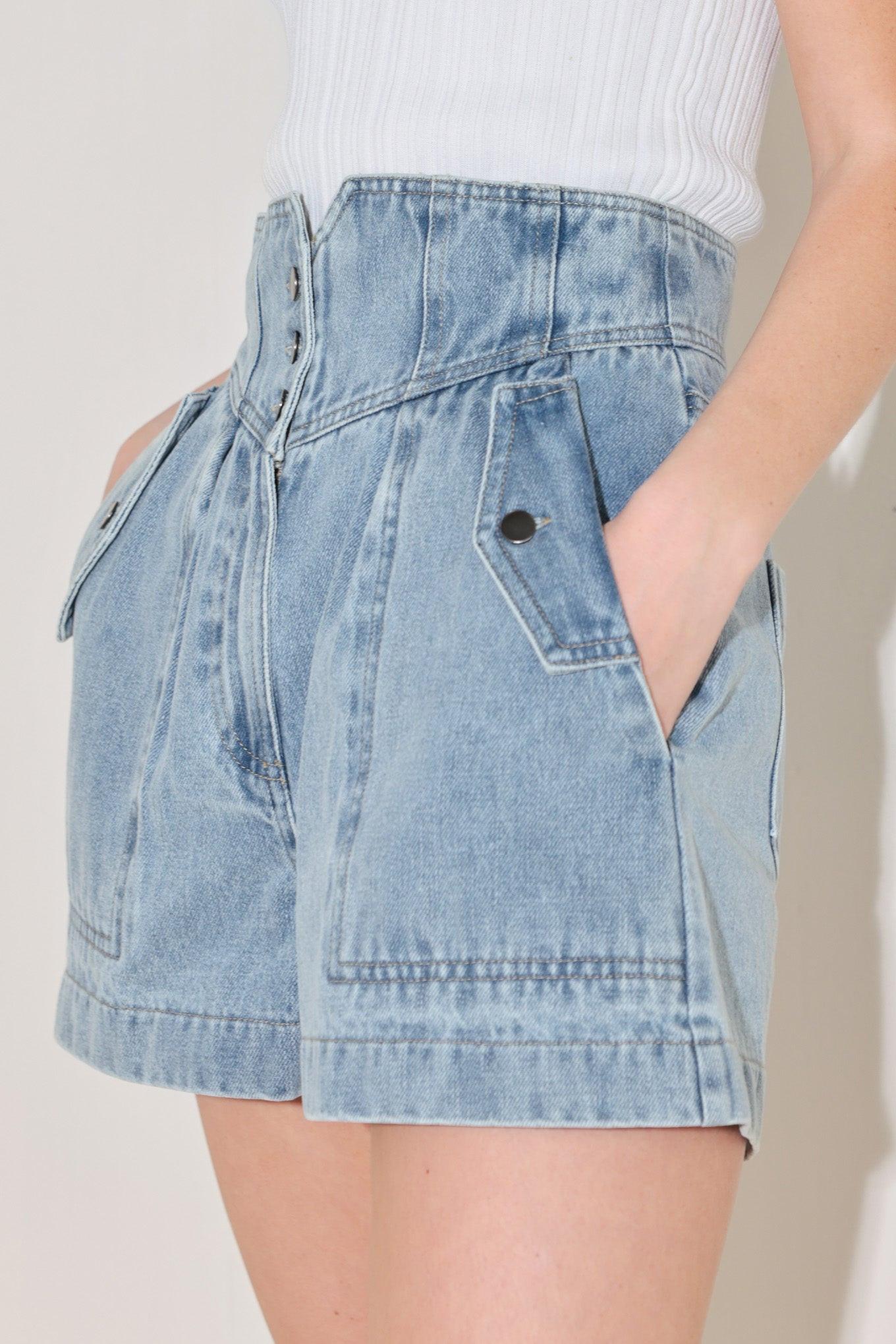 Sunlit Denim Moment Shorts in light indigo, view 5 — Soul Flow Apparel